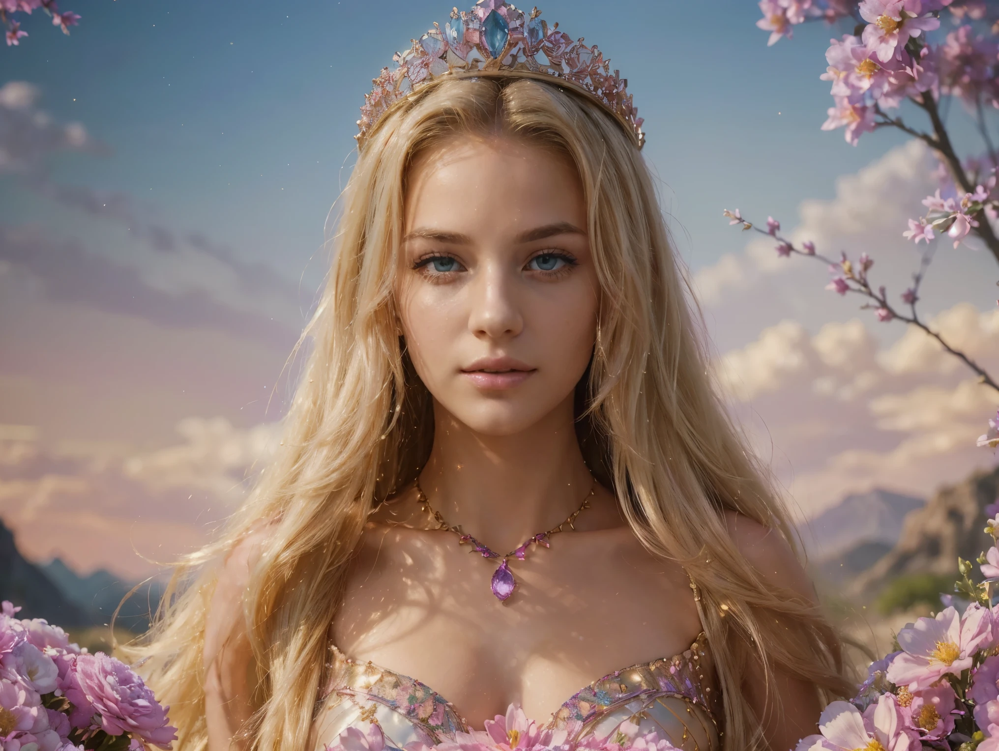 (((highest quality, 8k, masterpiece: 1.3)), ((highest quality)), ((masterpiece)), (detailed), Perfect Face, sexy, Princess, fantasy heroine, tiara, scepter, blonde hair, gradient hair, Hair with a gradation from gold to pink, sparkle, reflection light, Surrounded by colorful flowers