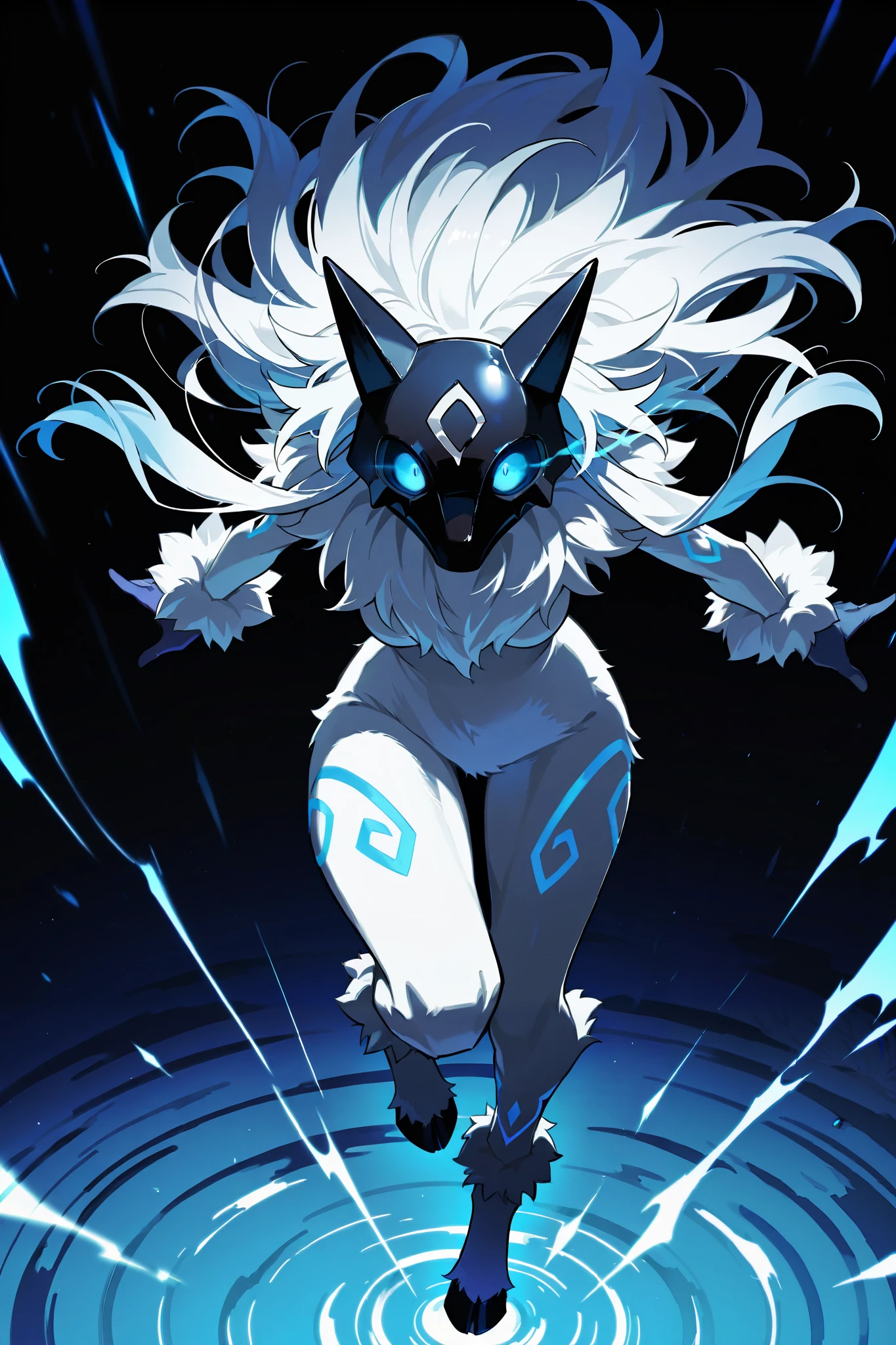 best quality, absurdres, kindred, lamb chest tuft, white hair, long hair, black mask, (blue eyes, glowing eyes:1.4), beautiful and detailed portrait of a woman (((female))) anthro lamb,full body, beautiful, messy hair, fur
