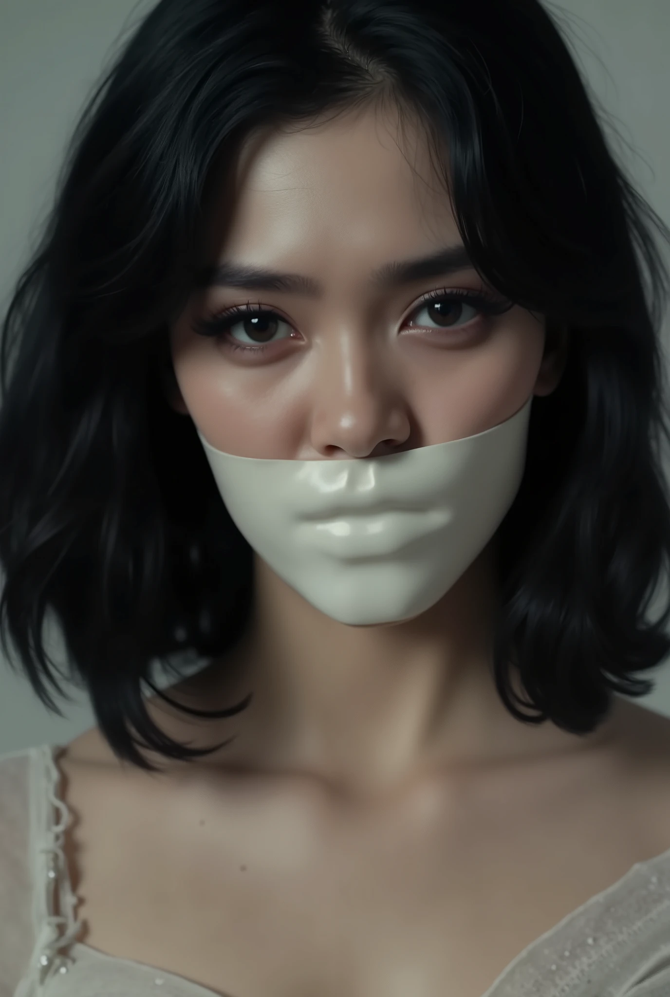 high detail, Close-up of a beautiful girl's face, shiny black hair slightly wavy up to the shoulders , dark eyes, bright and big, small and straight nose, gagged mouth , mouth filled with rags and sealed with duct tape , three strips of asterisk-shaped duct tape tightly seal the girl's mouth , You can see the girl's erect nipples underneath the sheer sheer dress you're wearing,