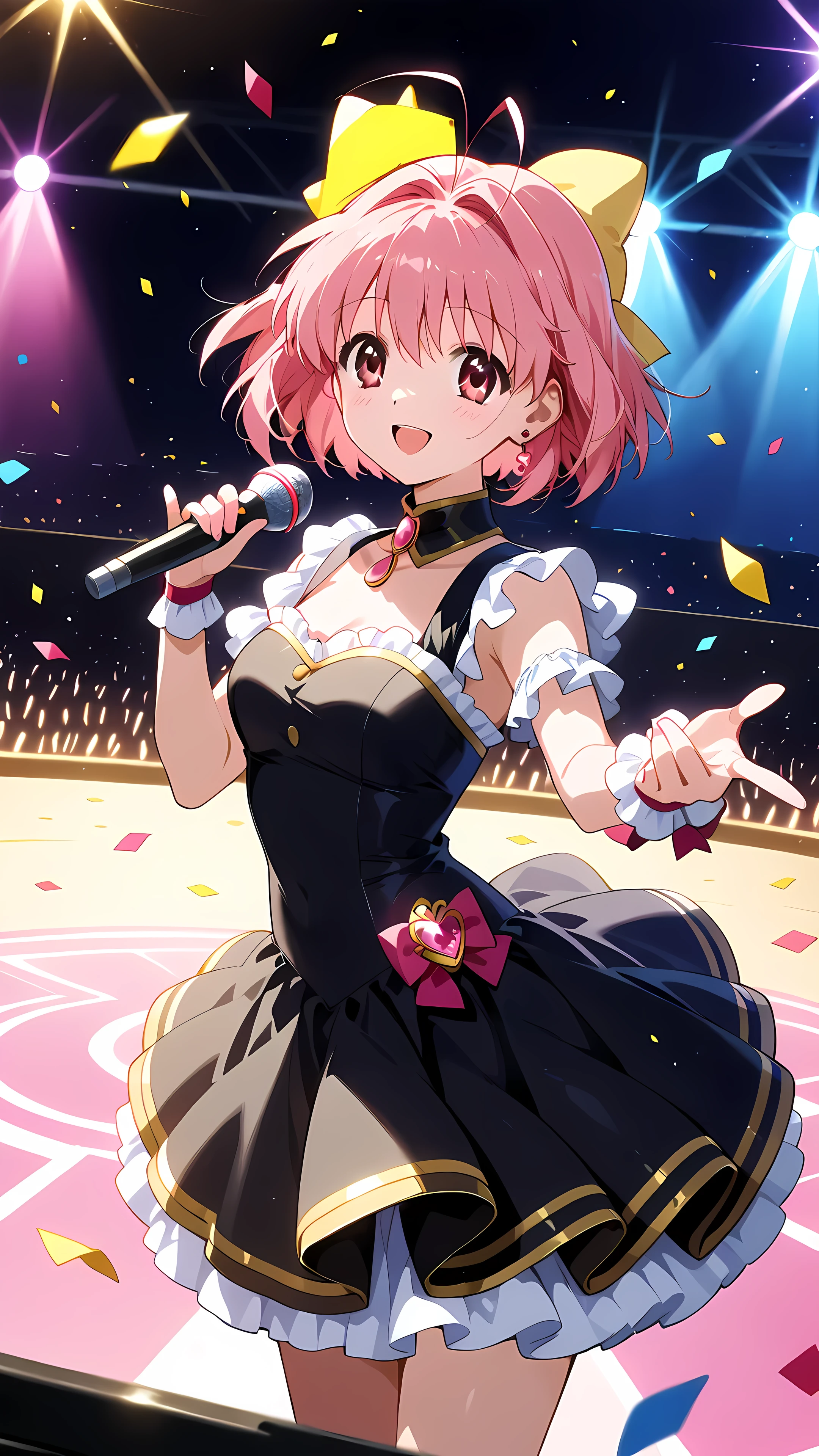 {kanon nakagawa}, short hair, (pink hair), {yellow hair bow}, pink eyes, antenna hair, Perfect anatomy, Idol girl wearing a dress and dancing on stage with confetti, Photo credit:Camagurkha, pixiv Contest Winner, Conceptual Art, Nightcore, Splash art anime , Sparkling Magical Girl, Best Anime 4K Konachan Wallpaper, Anime Moe Art Style, Detailed Key Anime Art, Official artwork, cute, cute in dress, Anatomically correct hand fingers, Anatomically correct five fingers of the hand, Show your hand, Jump