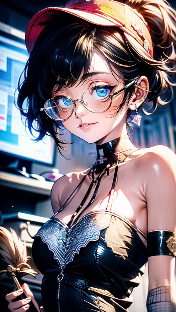 Highest quality,Highest Resolution,sexy,neon,Short Bob,Very beautiful eyes,Ecstasy face,Big Breasts,whole body,Glasses,Black Hair