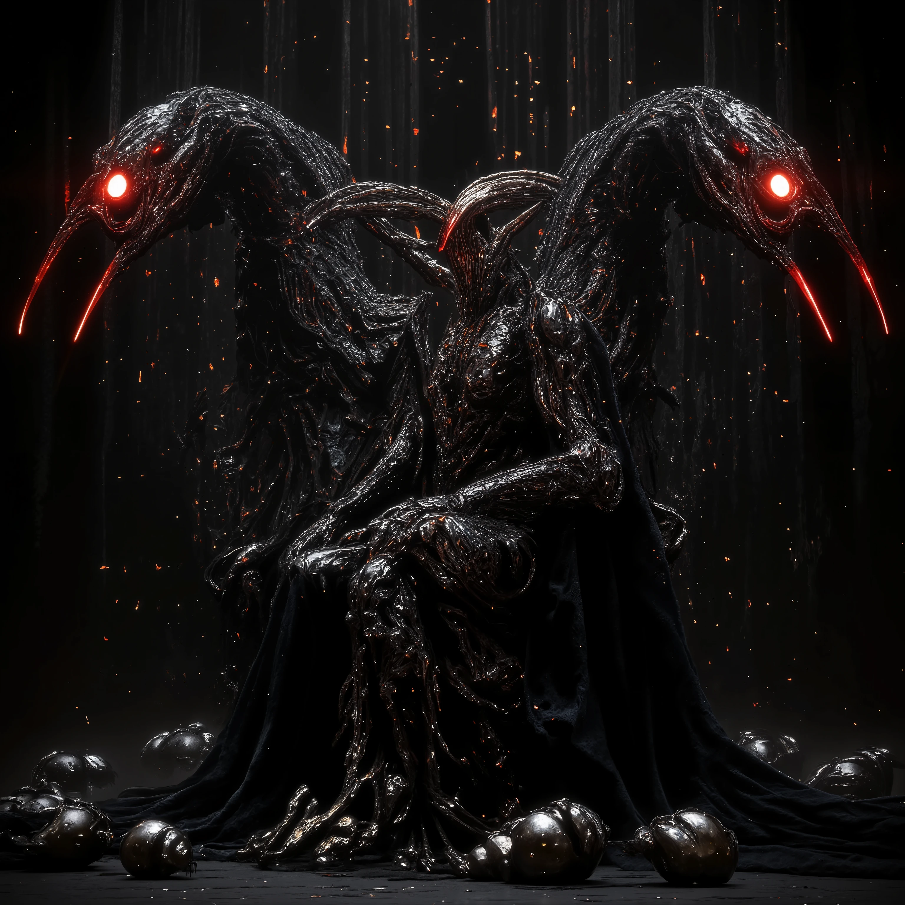 twin seperate head huge wasp expanding in beautiful galaxy . (Beautiful and intelligent insect queen in the center,crazy , glowing red eyes , noble dress , , attractive pose , sparkling body with exoskeleton , sits down and looks down the spectator from the luxurious black throne, super arrogant and pompous attitude , open-mouthed insect ).  surrounded by small skulls, beautiful galaxy .
