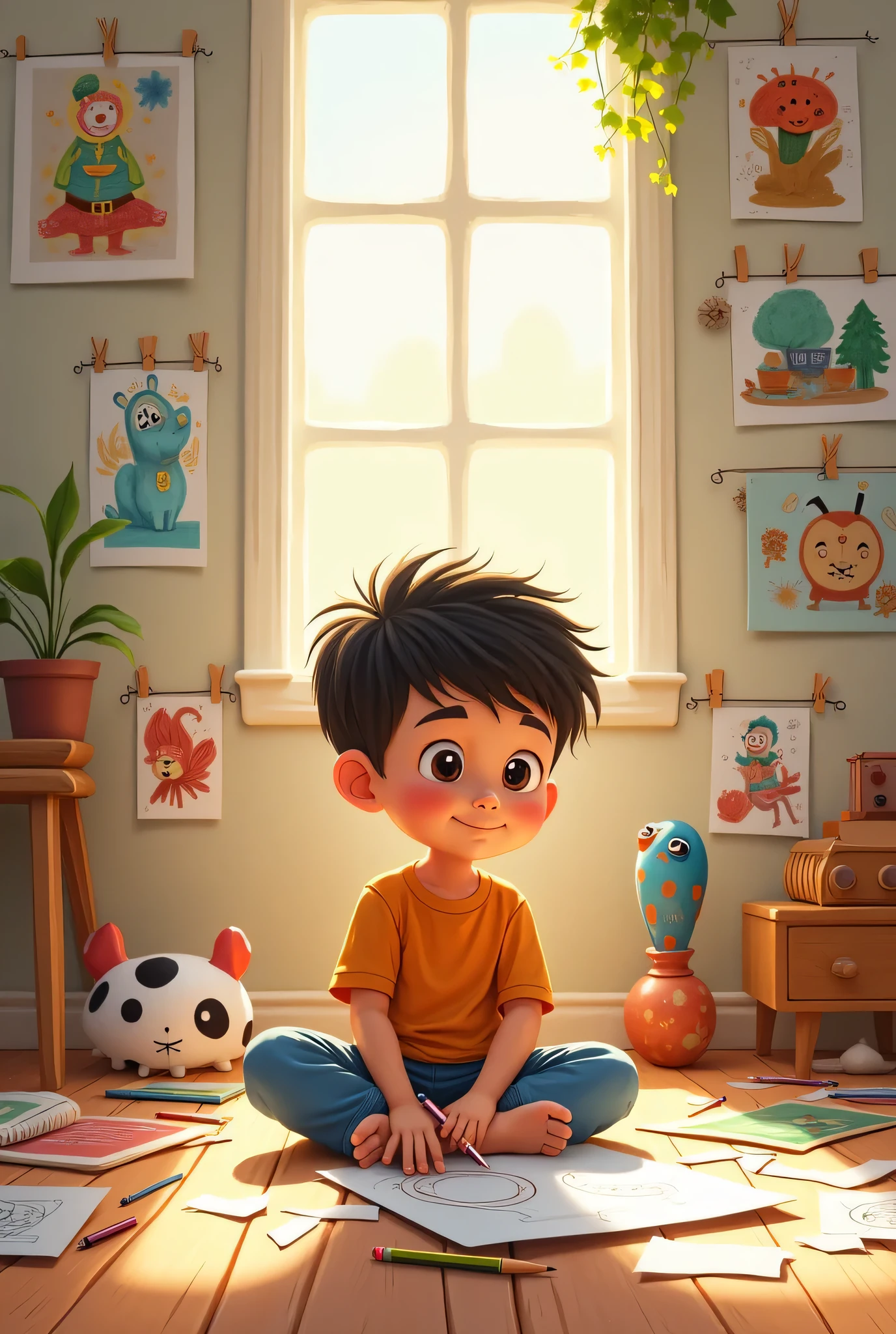 A boy sitting in beautiful studio