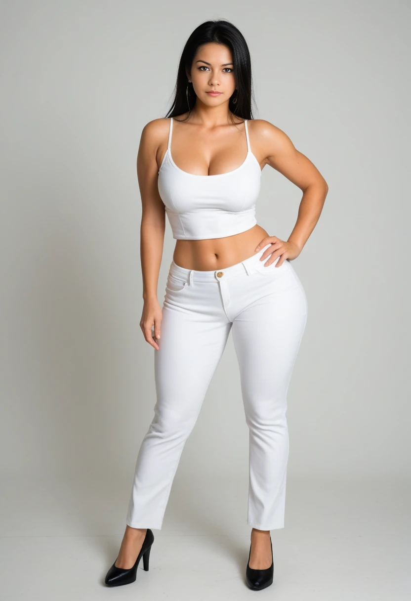 Beautiful 40 years old woman with wavy hair, attractive eyes, firm breasts, small and narrow waist, wide hips, firm buttocks, detailed, thick and sexy legs, wearing white jeans, white crop top with low neckline, short open black jacket, shoes high heel, glasses, teacher in a beautiful futuristic city, masterpiece of photorealism. detailed and of the best quality. 8k, HDR, shallow depth field, wide light, high contrast. Backlight, light flare, chromatic aberration, sharp focus, RAW color photography, all very detailed. (no deformed fingers) (no extra fingers) (no deformed arms) (no extra arms)