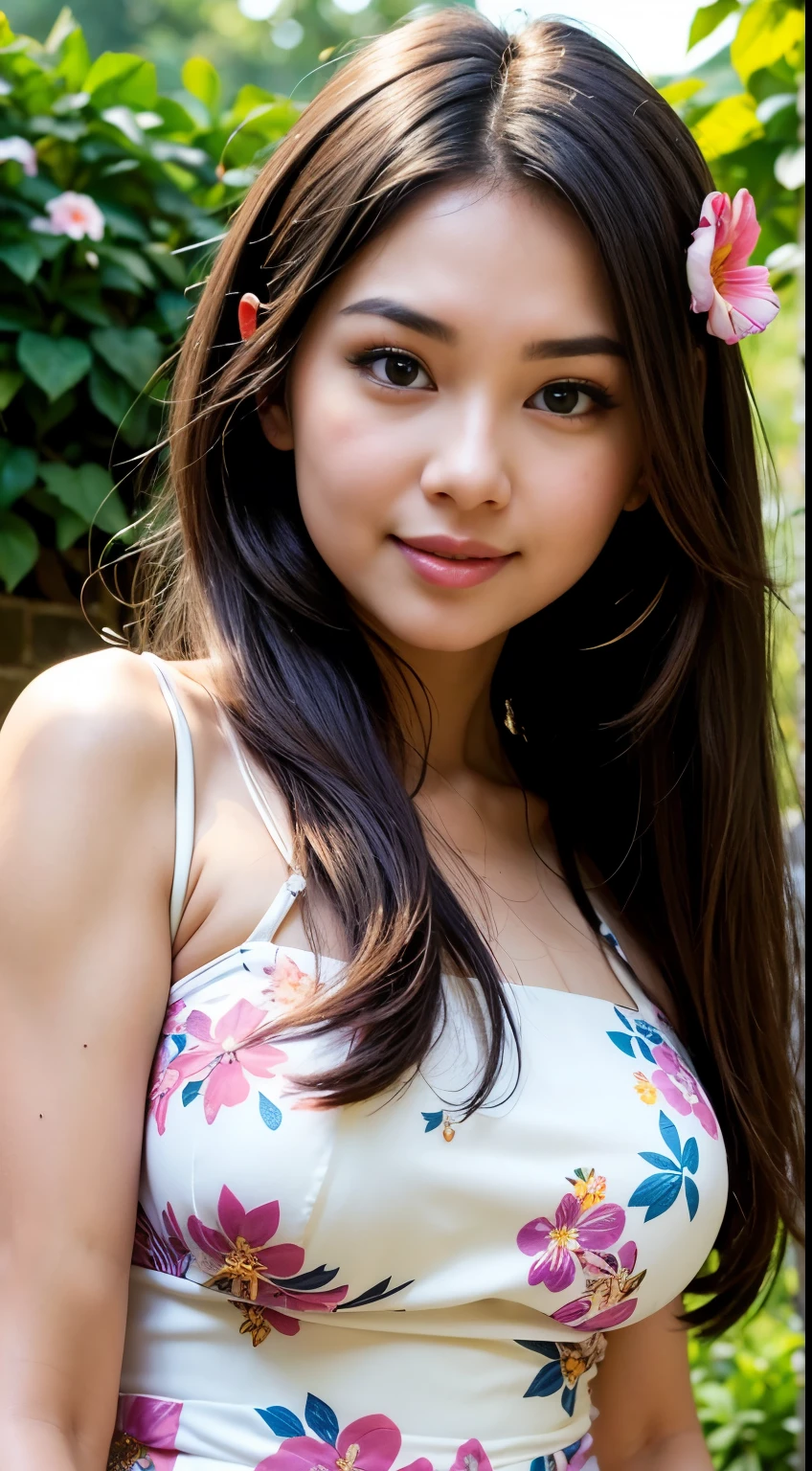 ( Close Up),RAW, Best quality, high resolution, masterpiece: 1.3), beautiful Malay woman, Masterpiece, perfect body, Big breasts, long hair, thick thighs, beautiful big eyes, mole under the eye, long eyelashes , big eyes , beautiful face , Soft smile , Highly detailed facial and skin textures , Delicate eyes , Double eyelids , chubby face , thin lips , smile , white skin , ( floral dress : 1.6 ) , Standing posture , garden , Lighting nice, Bright colors, Clean LineKakaoWeChat