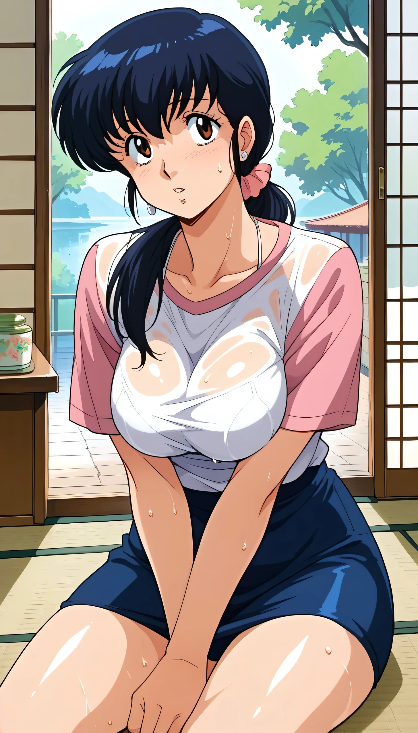  score_9,  score_8_ up,  score_7_ up,  source_Anime, (rating_safe:1.2),  high resolution,  complicated details,  1980s \( style\), Alone,  1 girl,  kyoko otonashi,  Japanese Mature Woman,  sitting on the floor,  open leg , ( wet shirt),  big breasts,  brown eyes,   black hair,  ponytail hair,  hair scrunchies,  earrings,   jewelry, ( front map , sweat, sweaty, Obscene expression:1.2),   Shiny Skin ,  watching viewers,  indoor, Maison Ikkoku ,  old Japanese apartment with skirt down, Opening the window, Hot summer day, 
