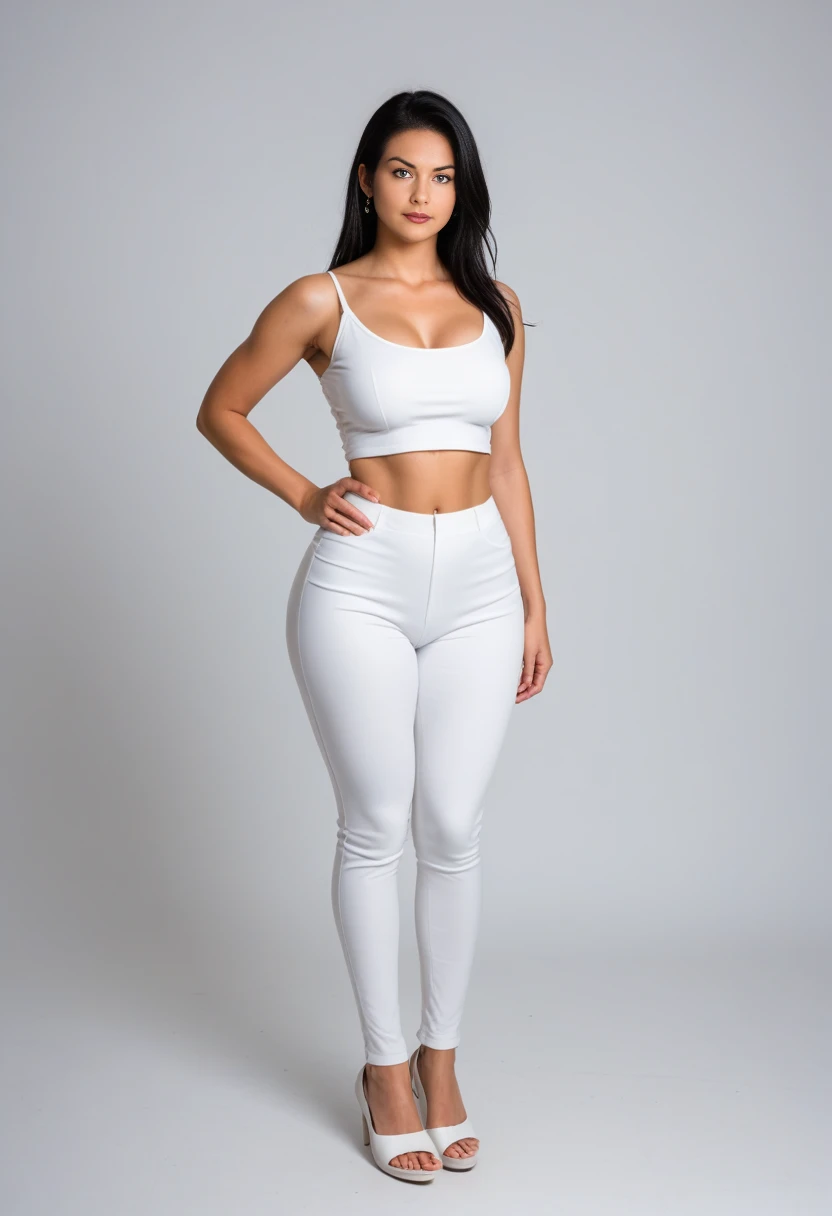 Slim European model, with black waist-length hair cascading down her shoulders, stands confidently in front of the lens with a seductive look in her deep-set, dark eyes. Dressed in ultra-detailed, very realistic white leggings that hug her slender figure, she completes the look with a pair of high heels, their stiletto tips reflecting the camera's flash. Her lean, toned body is on full display, highlighted by the soft natural light falling on her from the side. The subtle sheen of her black hair complements her radiant complexion, adding to her allure. The image, taken with a high-end lens (f1.8), capt