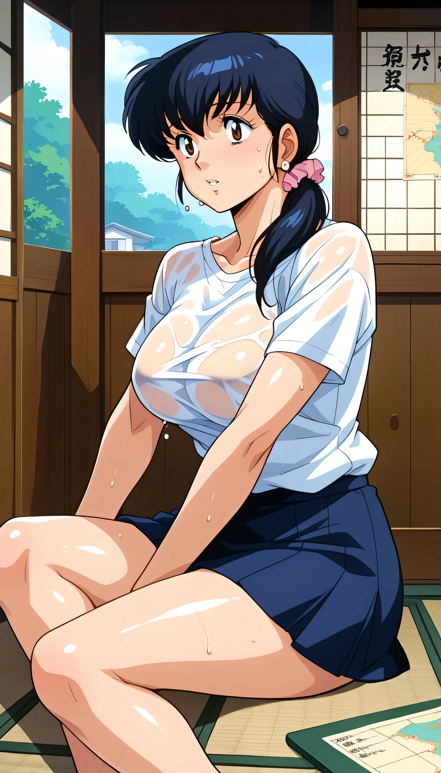  score_9,  score_8_ up,  score_7_ up,  source_Anime, (rating_safe:1.2),  high resolution,  complicated details,  1980s \( style\), Alone,  1 girl,  kyoko otonashi,  Japanese Mature Woman,  sitting on the floor,  open leg , ( wet shirt),  big breasts,  brown eyes,   black hair,  ponytail hair,  hair scrunchies,  earrings,   jewelry, ( front map , sweat, sweaty, Obscene expression:1.2),   Shiny Skin ,  watching viewers,  indoor, Maison Ikkoku ,  old Japanese apartment with skirt down, Opening the window, Hot summer day, 