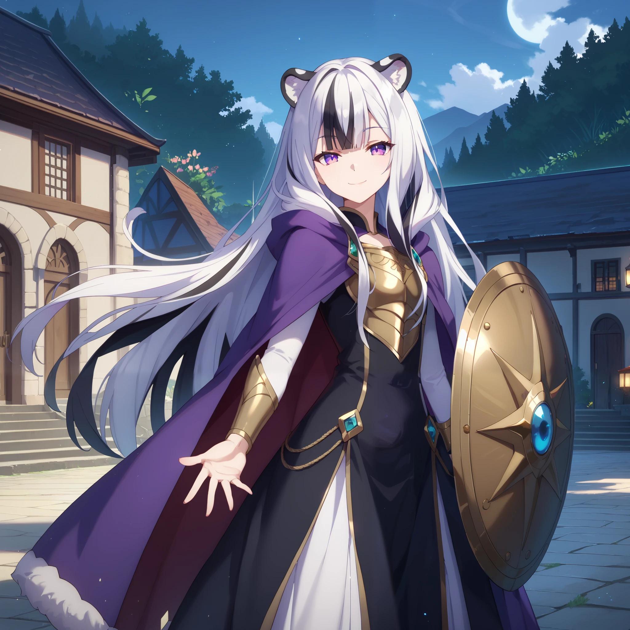 ((masterpiece)), 1girl, solo, very long hair, white hair, black hair, multicolored hair, white tiger ears, white tiger tail, open eyes purple eyes, looking at viewer, kind smile, night scenery, reaching out to the viewer, motherly smile, standing, purple dress, black dress, multicolored dress, armored dress, half-lidded eyes, Shield on right wrist, metal breastplate, purple cape, white fur on cape, metal Shield.