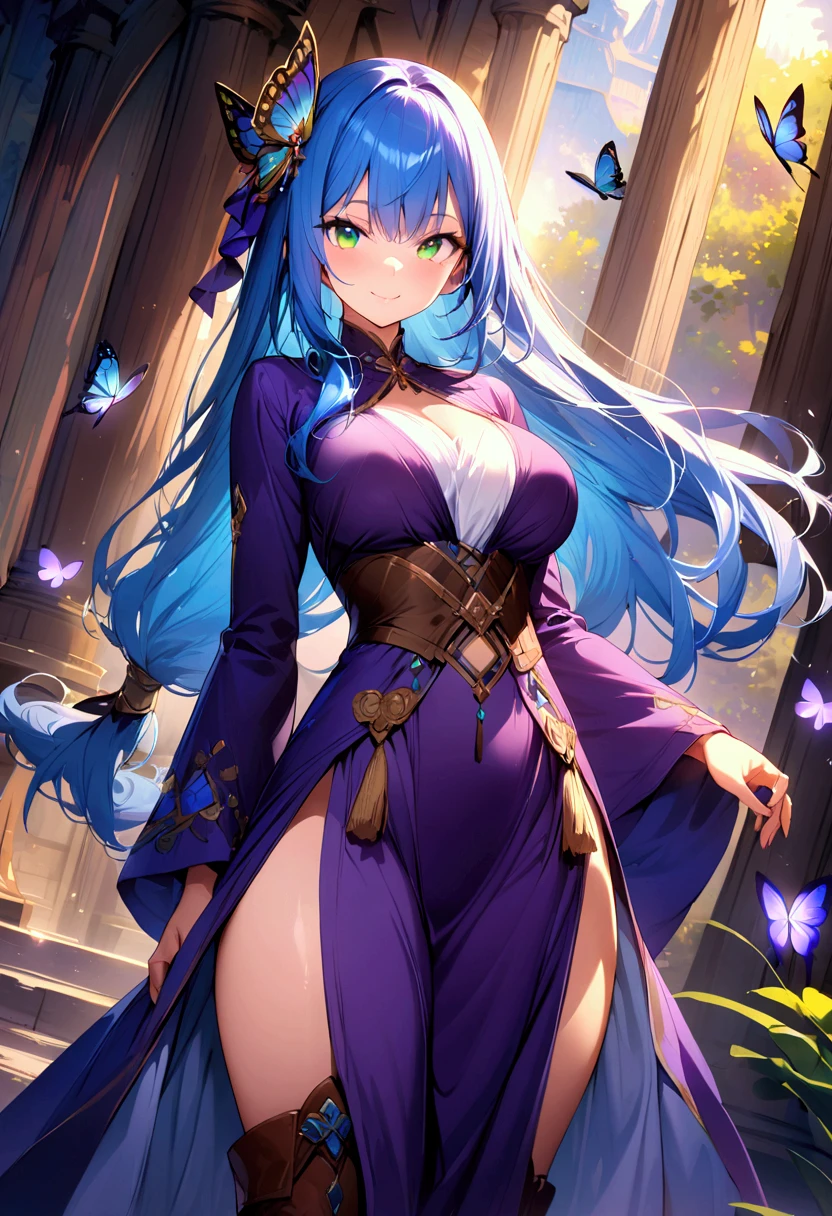 1girl, solo, masterpiece, best quality, highly detailed, illustration, suzume (rance), outdoors, forest, standing, japanese clothes, neck bell, fingerless gloves, :d, <lora:Suzume:0.8>