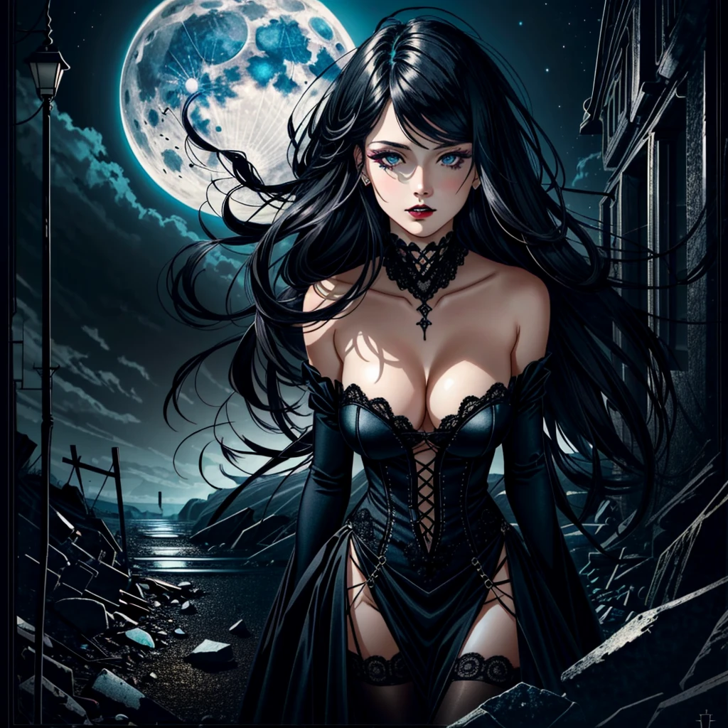 magical girl, very long black hair, very sexy lace dress, naked sinister forest, magic, fantastic, night sky, moons, stars, background, nsfw, face full week, week in face, week in body, all week full, smile, (art inspired by Bill Sienkiewicz). oil painting) black and white image