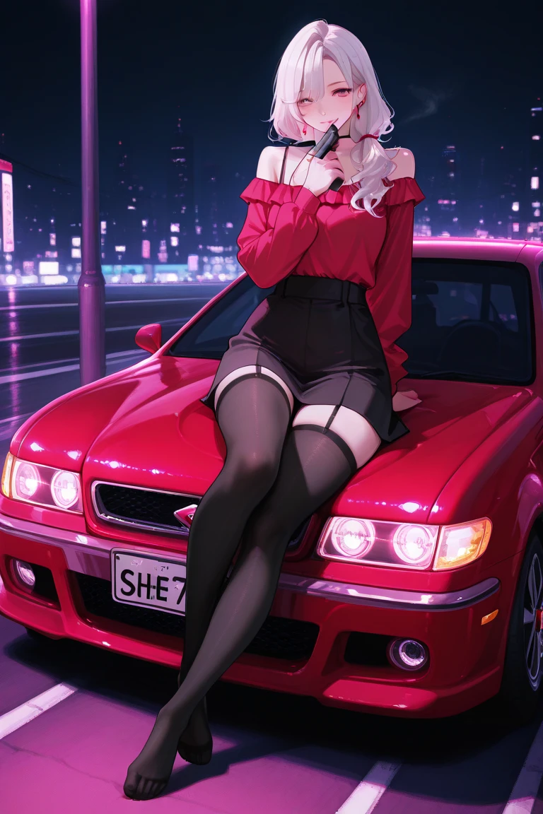 full body Esbian,  Anime Beauties, Multicolor inner color hair, Black eyes, Black and white and red techwear clothes, brack、White the、Red Accessories、Racing cars of the near future、Neon and laser beam stadium、Red Long High Heels、Bad girl、A MILF、Extraordinary beauty、Beautiful face、Bad smile、