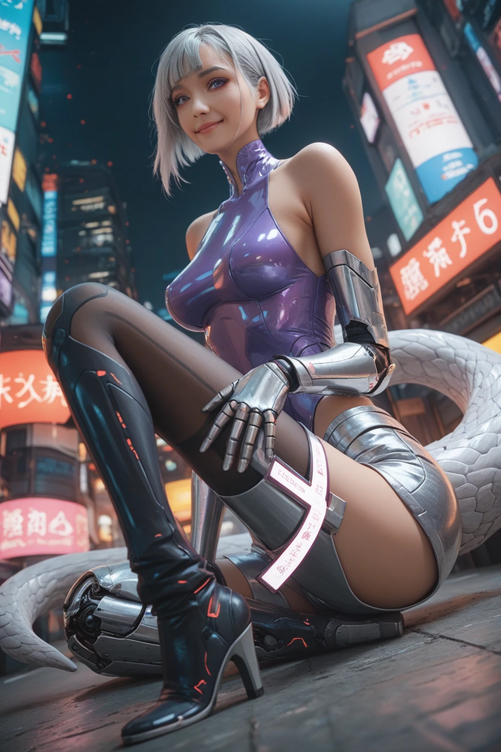 Photorealistic, woman in skimpy underwear (lace, full cyborg suit: 1.55) (Sit on the table: 1.5) (body turned towards viewer: 1.2), (head turned to the left: 1.8), (legs crossed: 1.4), black hair, cyborg, robot parts, beautiful detailed body and face, amorans, 2049, Japan girl at 16 years old, cute, juvenile, sexual, sigh, Inviting, Afrofuturistic, Made in Maya, Samyan, 2070, Cyborg, Robot Parts, Beautiful Studio Soft Lights, Rim Lights, Vivid Details, Gorgeous Cyberpunk, Lacing, Hyper-Realistic, Anatomical, Facial Muscles, Cable Electrical Wires, Microchip, Elegant, Beautiful Backgrounds, Octane Rendering, 8K, Top Quality, Masterpiece, Illustration Very delicate and beautiful, highly detailed CG, unity, wallpaper, (realistic, photorealistic: 1.37), amazing, fine details, masterpiece, top quality, official art, highly detailed CG Unity 8k wallpaper, absurd, incredibly absurd, robot, silver halmet, (full body: 1.4), standing, (nsfw: 1.2), sticking out ass, Beautiful line cyberpunk cityscape with big buttocks and thin constriction, city with neon lights in the background, surprisingly detailed face