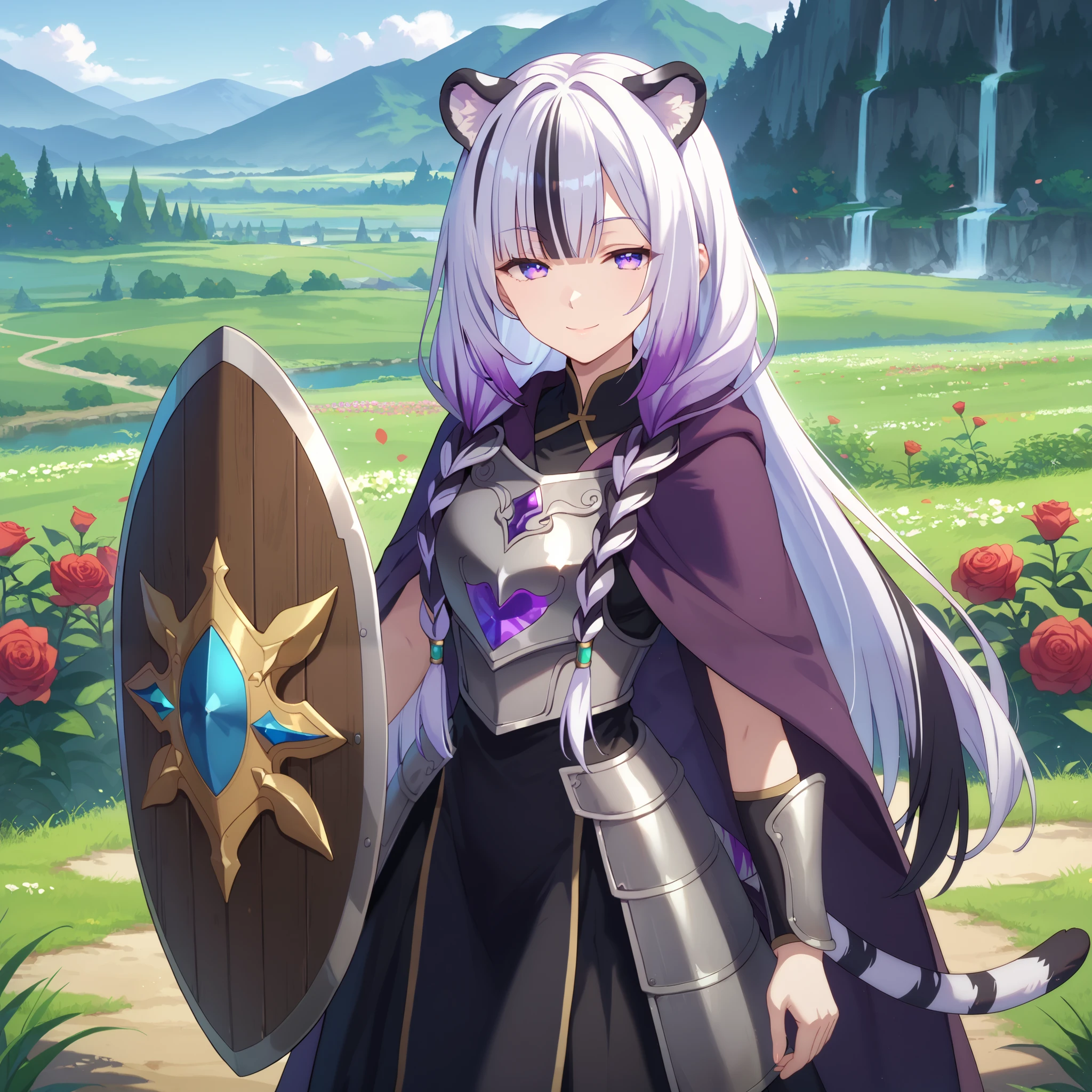( masterpiece)), 1girl, solo, very long hair , white hair, black hair, colorful hair , white tiger ears, white tiger tail , open eyes purple eyes, Looking at the viewer , kind smile , Night landscape, addressing the viewer , mother smile , standing, purple dress , black dress, colorful dress , armored dress , half-closed eyes, right wrist shield , metal bib , purple cloak, white fur on cape , metal shield , heavy armor , women's armor, heart shaped shield , roses on shield , Purple Crystal, low double pigtails.