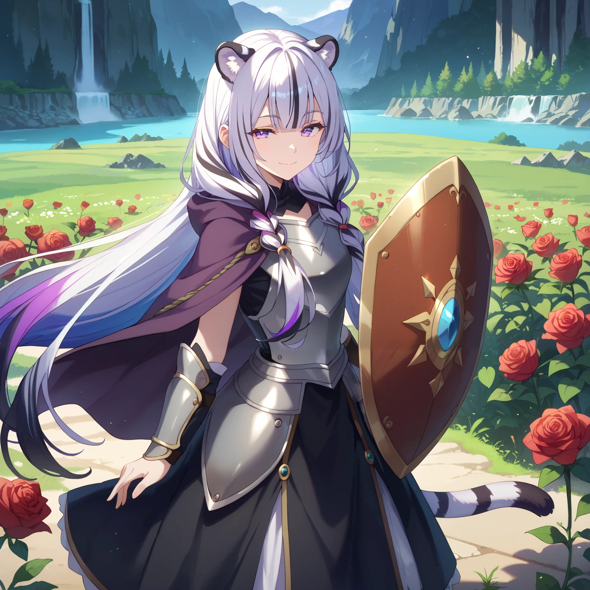 ( masterpiece)), 1girl, solo, very long hair , white hair, black hair, colorful hair , white tiger ears, white tiger tail , open eyes purple eyes, Looking at the viewer , kind smile , Night landscape, addressing the viewer , mother smile , standing, purple dress , black dress, colorful dress , armored dress , half-closed eyes, right wrist shield , metal bib , purple cloak, white fur on cape , metal shield , heavy armor , women's armor, heart shaped shield , roses on shield , Purple Crystal, low double pigtails.