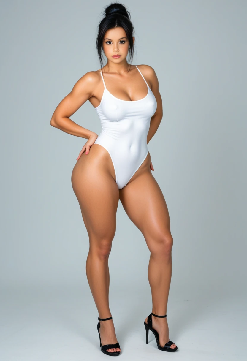 A full body shot, ultra wide angle, in focus, dynamic pose of a stunning beautiful nicki minaj, white one piece swimsuit, White heels, standing in front of wall, hdr, best quality, professional photo,