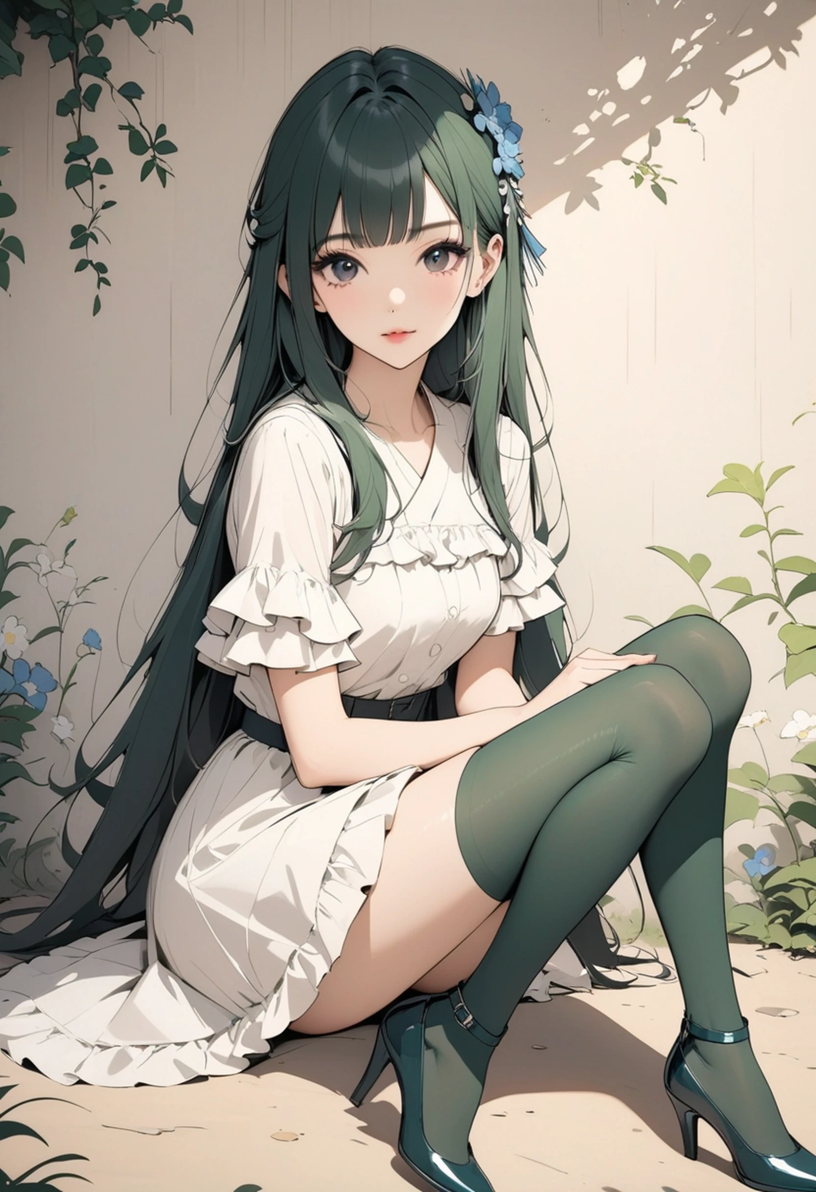 Anime girl with long green hair sitting on the ground - SeaArt AI