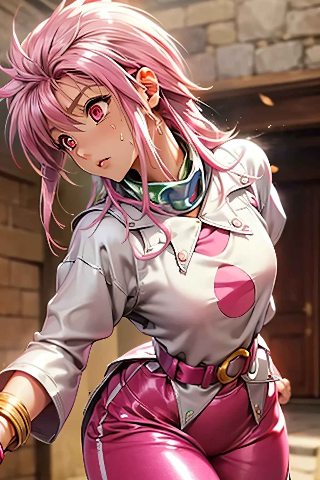 best quality, highest resolution,(((metallic white clothes pink loose-fitting pants with metallic luster shiny pink hair red eyes sweat))) Tales of Phantasia Arche