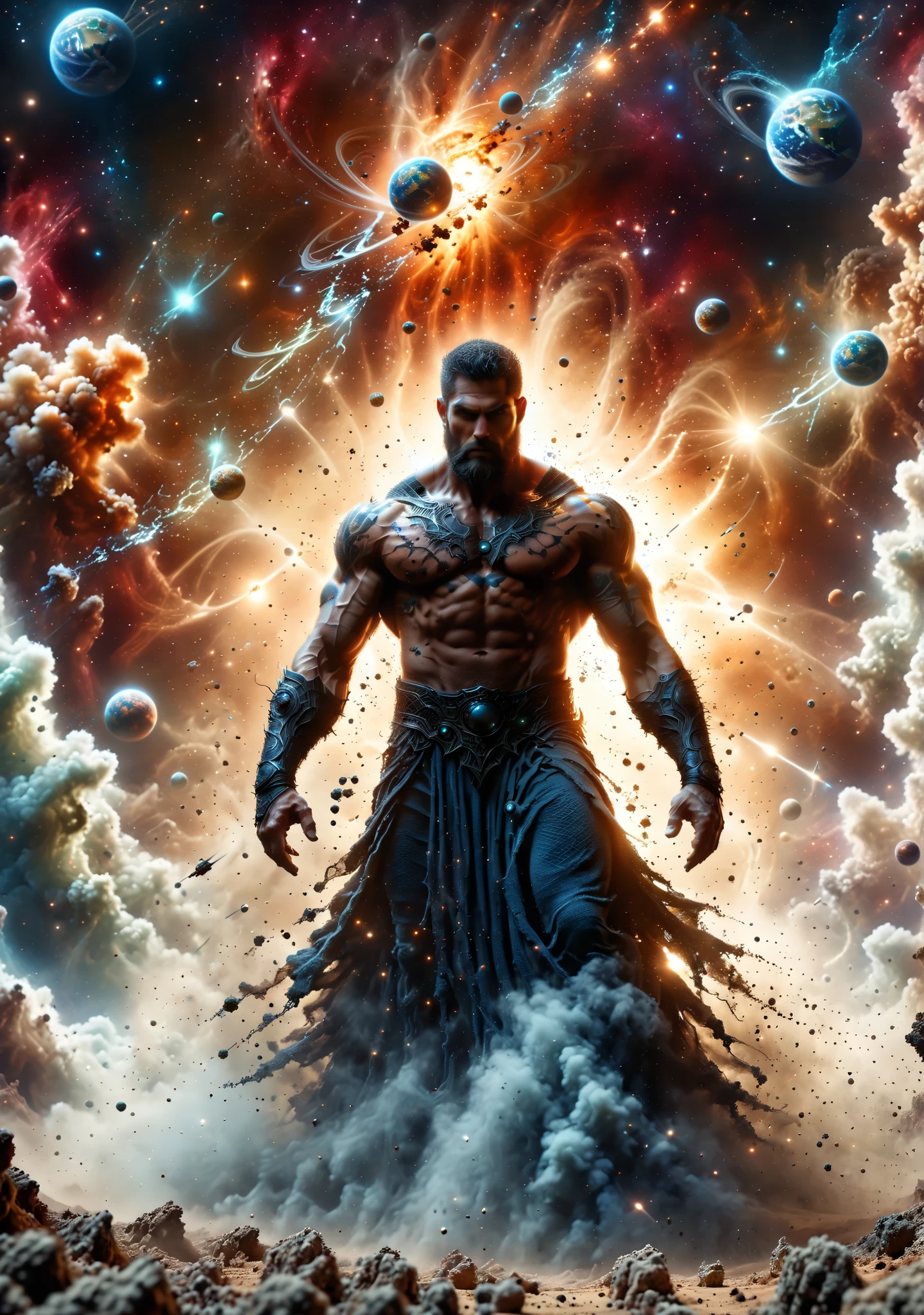 ((Masterpiece, High Quality)), Best Quality, highly detailed , ultrarealistic , cinematic, best quality, high resolution ,realistic , photorealistic realistic eyes, intricate details, detailed background, depth of field, dynamic pose, dynamic angle ,male focus ,muscled man (1.0) ,handsome (detailed face) ,Young Arafed muscular chiseled very handsome man , (( handsome muscled young man , orbiting the universe and manipulating planet earth, lord of the universe ,protector of planets and galaxies, master of time, in the background the universe, on the ground there is smoke and fog, detailed hands 1.0)),stubble beard , have a framing chiseled face ,realistic, masterpiece, intricate details, detailed background, depth of field, photo of a man ,looking like courage , ((light bokeh)) , highlighting the strong muscle lines , symbol of strength. Perspective and perspective: shooting from a low angle , highlighting the height and majesty of men. Or use a side perspective to show the posture and tattoo of a men.