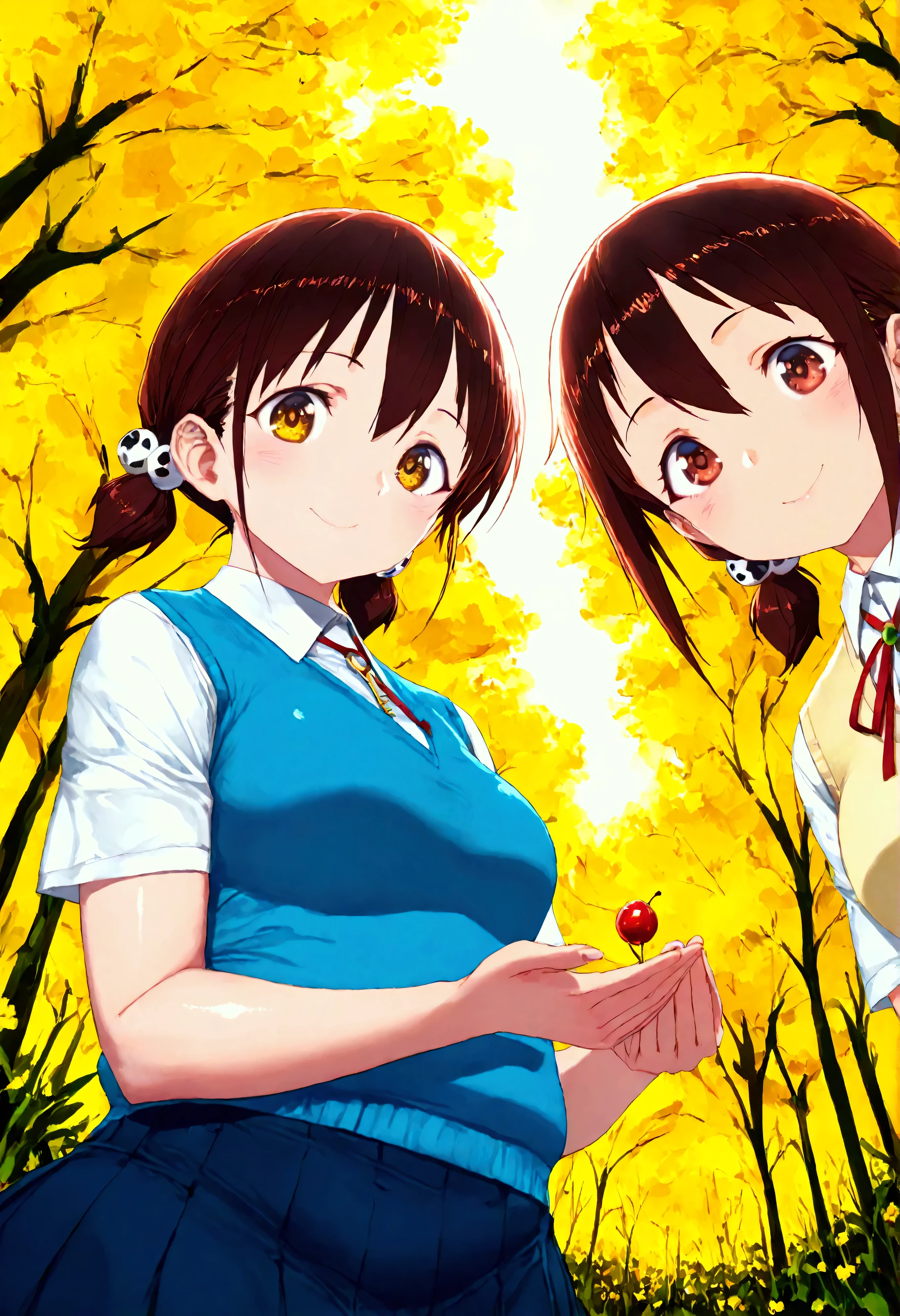 Watercolor illustration of a dreamy girl in a sundress, walking in a field of wildflowers at sunset Anime-style of a age girl with sparkling brown eyes and a gentle smile, (1girl), solo, honoka hara, short hair, brown hair, hair between eyes, twintails, (brown eyes:1.5), low twintails, short twintails, skirt, shirt, school uniform, white shirt, short sleeves, pleated skirt, collared shirt, blue skirt, sweater vest, plump, chubby body, (((neat hands))), from below,(perspective:1.2), (symmetry:1), gorgeous, key visual, vibrant, studio anime, award-winning, professional, highly detailed, high budget, cinemascope, (beautiful detailed eyes:1.6), extremely detailed face, perfect lighting, extremely detailed CG, (perfect hands, perfect anatomy), energetic poses, dynamic pose, cinematic angle, looking at viewer, ((4k,8k,Ultra HD)),((Masterpiece :1.2)),((Best quality :1.2)),((Detailed :1.5)),((Detailed background :1.5)), (8K),(absurdres),(crisp quality),(rich contrast),(sharp focus),(best quality),(high resolution),(Looking delighted),(masterpiece),(detailed face),(illustration),(ultra detailed),(rich contrast),(a best quality illustration),(a masterpiece of a girl with ultra detailed features, in 8K resolution, with crisp quality and vibrant colors),(a highly detailed of a young girl with ultra detailed features, in 8K resolution, with vibrant colors and a sharp focus),(detailed eyes),(perfect eyes),(ultra detailed eyes),((nice hands)),((perfect hands)),((gleaming skin)),((shiny skin),((oily skin)),((best quality)),((high resolution)),((ultra-high resolution)),((masterpiece)),((ultra detailed)),((illustration)),((an extremely delicate and beautiful))((detailed face)),((perfect eyes)),