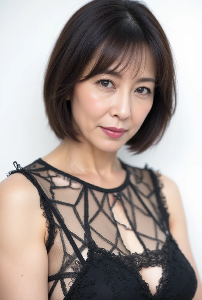Japanese, Short women, Physical build, Short arms, Long, narrow eyes, Fleeting atmosphere, 45-year-old woman, Brown Bob Hair, ((Thin lips)), one piece, Pieces fly, Highest quality, Detailed skin, Fine grain, ,8K, Excellent anatomy, Upper body portrait、gray plain background