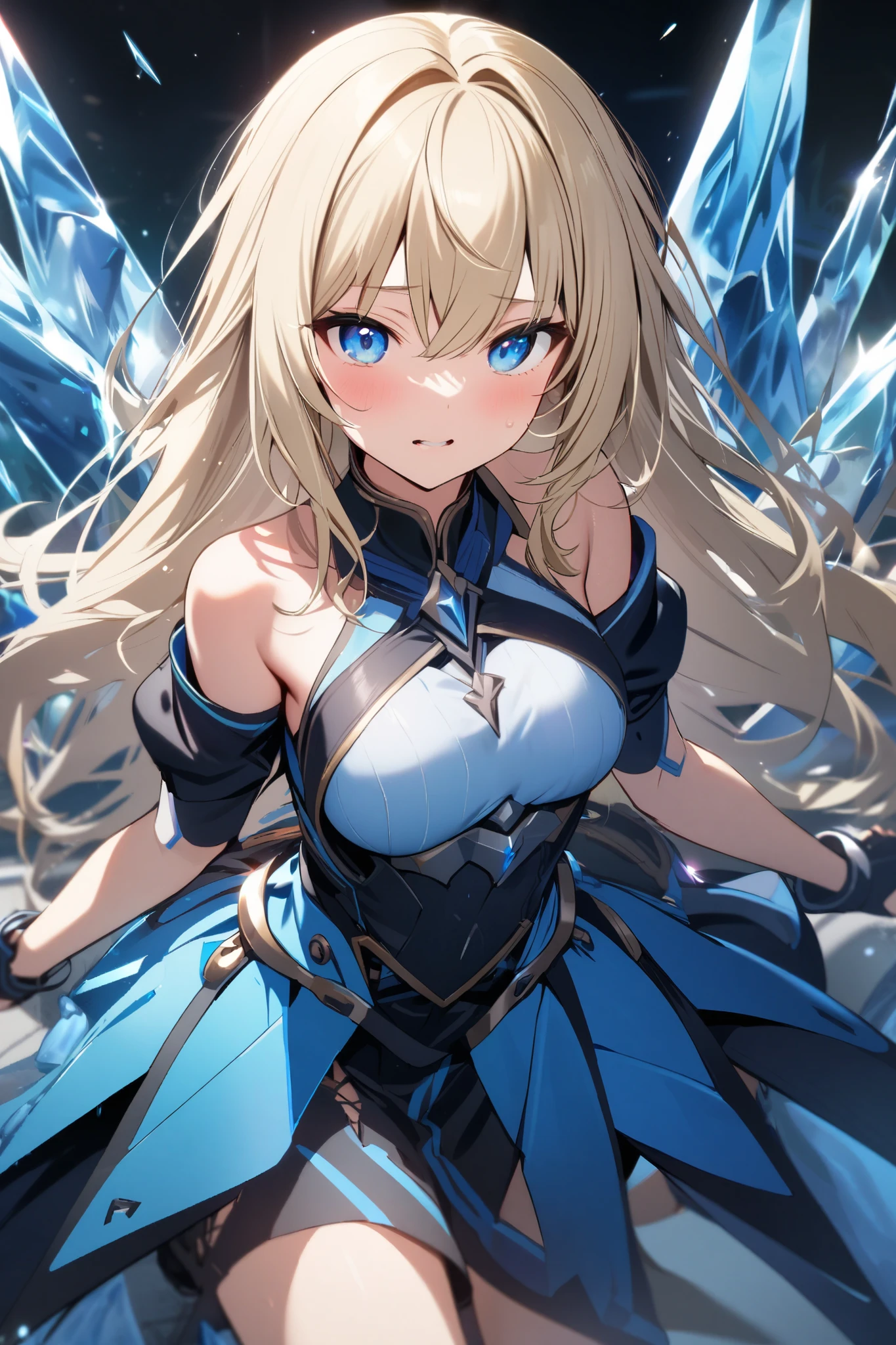 4K,High resolution,one woman,blonde,long hair,blue eyes,big breasts,younger sister,white tight cyber suit,white hood,blue clothes,gold decoration,cross decoration,city of the future,church