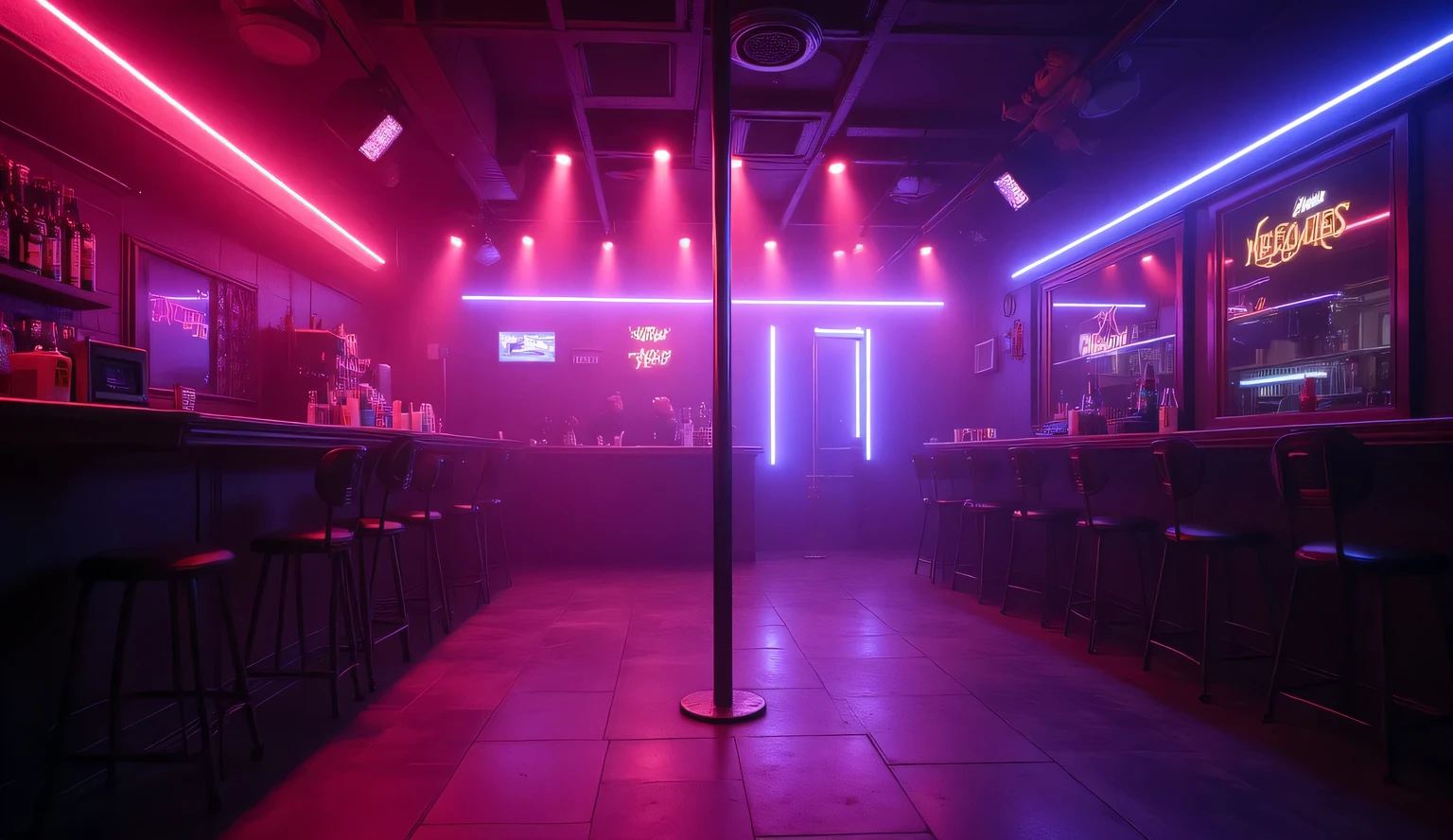 Inside a Strippers club bar in the desert of las vegas, scene seen from the entrace of the room, a stage in the center with a pole for pole dancers, ghost cabaret scene for a videoediting 4k greenscreen.