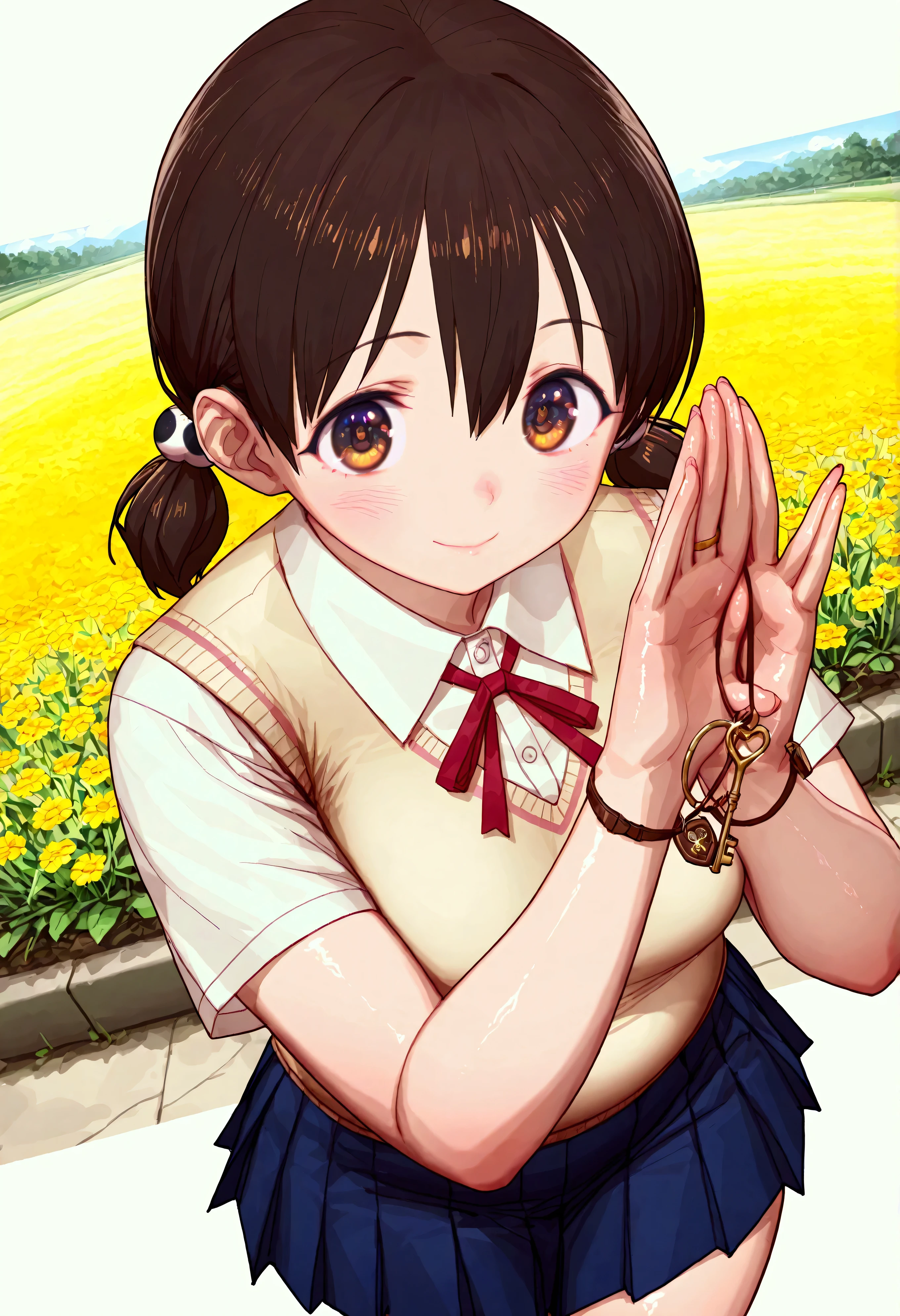 Watercolor illustration of a dreamy girl in a sundress, walking in a field of wildflowers at sunset Anime-style of a age girl with sparkling brown eyes and a gentle smile, (1girl), solo, honoka hara, short hair, brown hair, hair between eyes, twintails, (brown eyes:1.5), low twintails, short twintails, skirt, shirt, school uniform, white shirt, short sleeves, pleated skirt, collared shirt, blue skirt, sweater vest, plump, chubby body, (((neat hands))), from below,(perspective:1.2), (symmetry:1), gorgeous, key visual, vibrant, studio anime, award-winning, professional, highly detailed, high budget, cinemascope, (beautiful detailed eyes:1.6), extremely detailed face, perfect lighting, extremely detailed CG, (perfect hands, perfect anatomy), energetic poses, dynamic pose, cinematic angle, looking at viewer, ((4k,8k,Ultra HD)),((Masterpiece :1.2)),((Best quality :1.2)),((Detailed :1.5)),((Detailed background :1.5)), (8K),(absurdres),(crisp quality),(rich contrast),(sharp focus),(best quality),(high resolution),(Looking delighted),(masterpiece),(detailed face),(illustration),(ultra detailed),(rich contrast),(a best quality illustration),(a masterpiece of a girl with ultra detailed features, in 8K resolution, with crisp quality and vibrant colors),(a highly detailed of a young girl with ultra detailed features, in 8K resolution, with vibrant colors and a sharp focus),(detailed eyes),(perfect eyes),(ultra detailed eyes),((nice hands)),((perfect hands)),((gleaming skin)),((shiny skin),((oily skin)),((best quality)),((high resolution)),((ultra-high resolution)),((masterpiece)),((ultra detailed)),((illustration)),((an extremely delicate and beautiful))((detailed face)),((perfect eyes)),