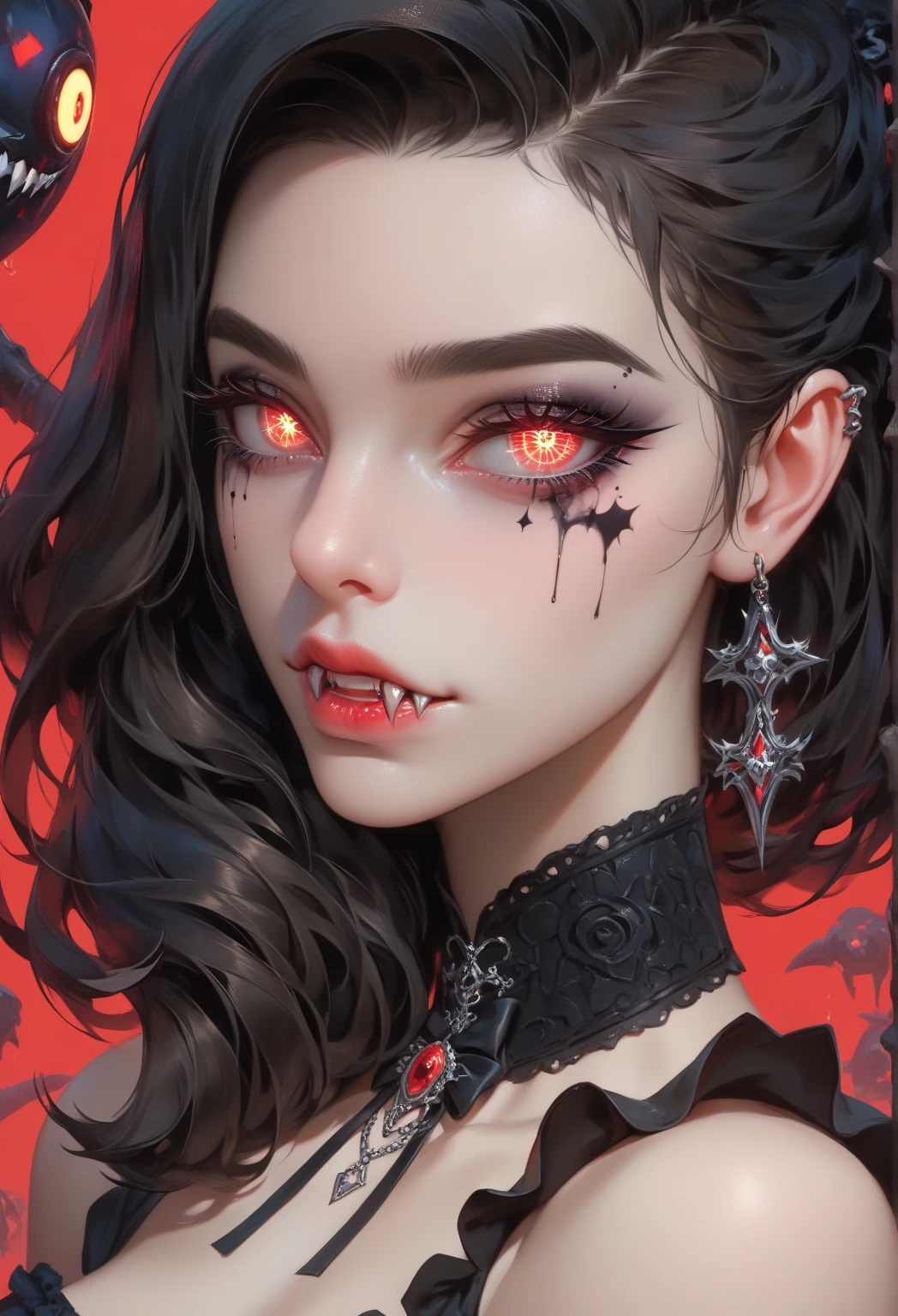 a portrait of vampire with a bloody tear coming down from the eye, an exotic beautiful female vampire, azure hair color, dynamic hair style, ultra detailed face, best detailed face, silver eye color, ((1single red teardrop, teardrop made of blood coming down from the eye: 1.3)), small cleavage, wearing two black diamond earrings, Ultra-high resolution, High Contrast, (masterpiece:1.5), highest quality, Best aesthetics), 16K fantasy art, best details, best quality, highres, (ultra wide angle: 1.2), 16k, [ultra detailed], masterpiece, best quality, (extremely detailed), ladyshadow, magical sky, crying style, vampire teeth, goth person