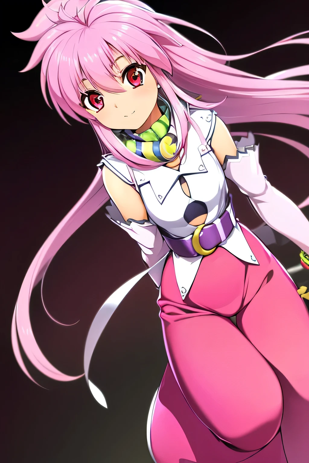 best quality, highest resolution,(((Clothes with metallic luster pink loose-fitting pants with metallic luster shiny pink hair red eyes))) Tales of Phantasia Arche