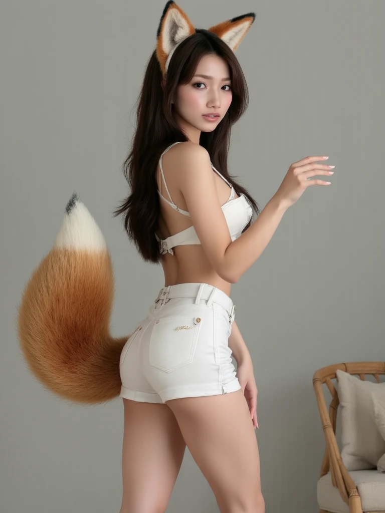 ((Highest quality)), ((masterpiece)), (Familiar), Perfect Face, fox lady, Pretty girl, Fox Ears, Fox tail, She has a northern fox tail, She wags her fluffy tail, Dog collar, Beautiful hip line, Big , Thick thighs, A large tail grows out of the buttocks, Nice body, Shyly, Only one tail