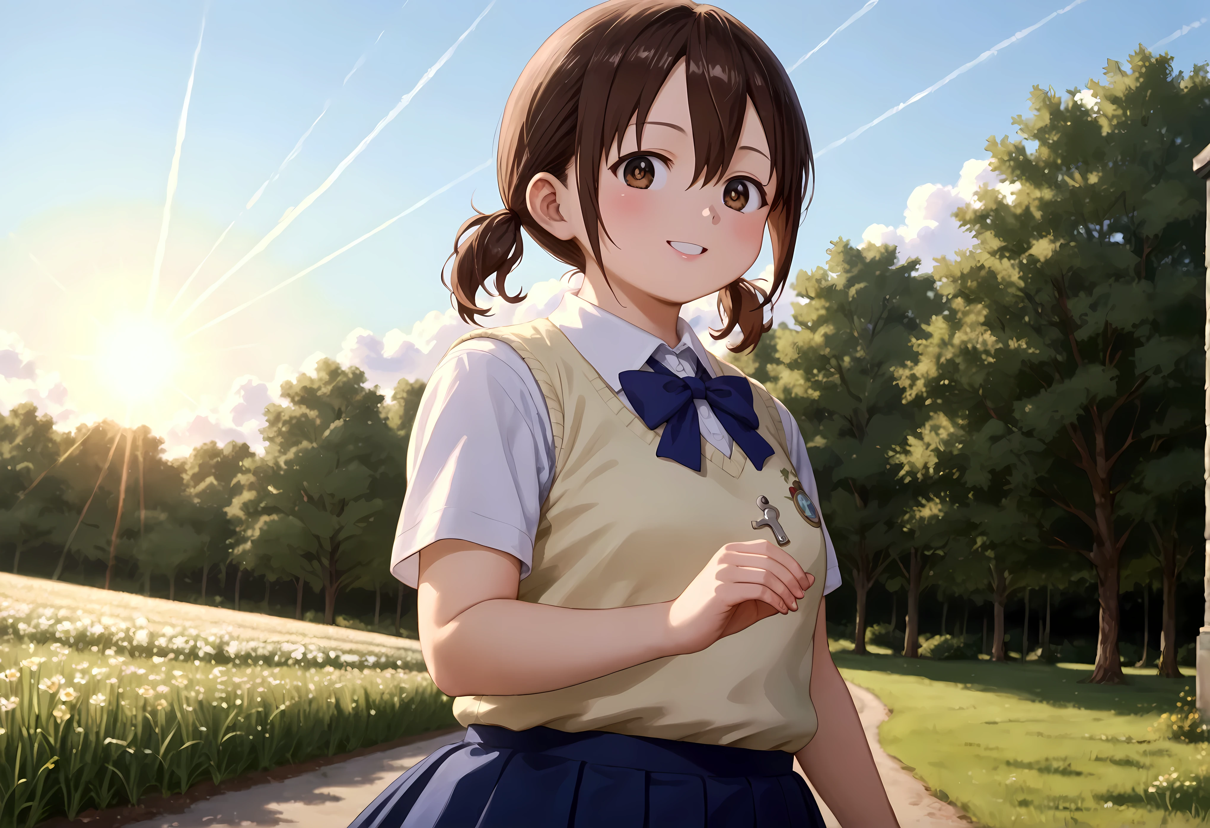 Watercolor illustration of a dreamy girl in a sundress, walking in a field of wildflowers at sunset Anime-style of a age girl with sparkling brown eyes and a gentle smile, (1girl), solo, honoka hara, short hair, brown hair, hair between eyes, twintails, (brown eyes:1.5), low twintails, short twintails, skirt, shirt, school uniform, white shirt, short sleeves, pleated skirt, collared shirt, blue skirt, sweater vest, plump, chubby body, (((neat hands))), from below,(perspective:1.2), (symmetry:1), gorgeous, key visual, vibrant, studio anime, award-winning, professional, highly detailed, high budget, cinemascope, (beautiful detailed eyes:1.6), extremely detailed face, perfect lighting, extremely detailed CG, (perfect hands, perfect anatomy), energetic poses, dynamic pose, cinematic angle, looking at viewer, ((4k,8k,Ultra HD)),((Masterpiece :1.2)),((Best quality :1.2)),((Detailed :1.5)),((Detailed background :1.5)), (8K),(absurdres),(crisp quality),(rich contrast),(sharp focus),(best quality),(high resolution),(Looking delighted),(masterpiece),(detailed face),(illustration),(ultra detailed),(rich contrast),(a best quality illustration),(a masterpiece of a girl with ultra detailed features, in 8K resolution, with crisp quality and vibrant colors),(a highly detailed of a young girl with ultra detailed features, in 8K resolution, with vibrant colors and a sharp focus),(detailed eyes),(perfect eyes),(ultra detailed eyes),((nice hands)),((perfect hands)),((gleaming skin)),((shiny skin),((oily skin)),((best quality)),((high resolution)),((ultra-high resolution)),((masterpiece)),((ultra detailed)),((illustration)),((an extremely delicate and beautiful))((detailed face)),((perfect eyes)),