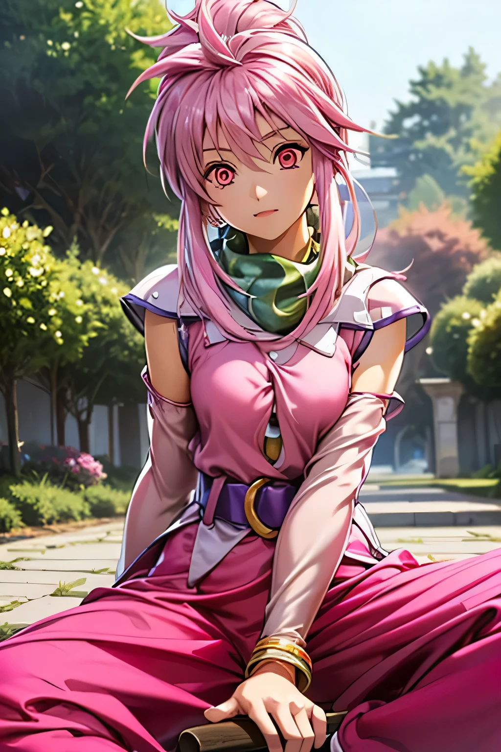 best quality, highest resolution,(((Clothes with metallic luster pink loose-fitting pants with metallic luster shiny pink hair red eyes))) Tales of Phantasia Arche forest