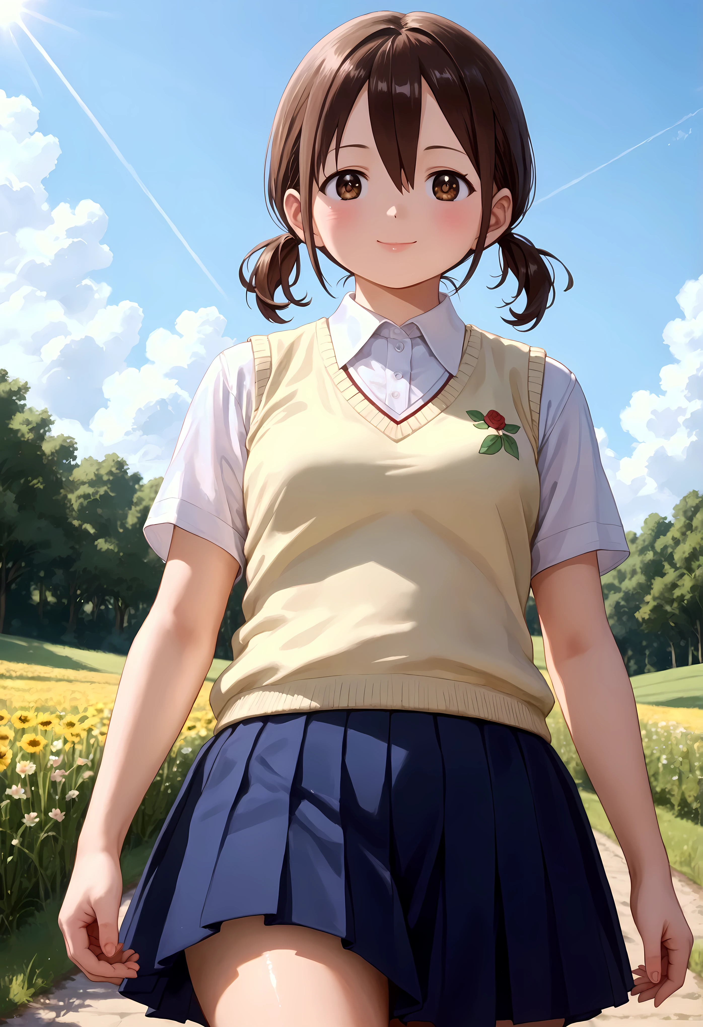Watercolor illustration of a dreamy girl in a sundress, walking in a field of wildflowers at sunset Anime-style of a age girl with sparkling brown eyes and a gentle smile, (1girl), solo, honoka hara, short hair, brown hair, hair between eyes, twintails, (brown eyes:1.5), low twintails, short twintails, skirt, shirt, school uniform, white shirt, short sleeves, pleated skirt, collared shirt, blue skirt, sweater vest, plump, chubby body, (((neat hands))), from below,(perspective:1.2), (symmetry:1), gorgeous, key visual, vibrant, studio anime, award-winning, professional, highly detailed, high budget, cinemascope, (beautiful detailed eyes:1.6), extremely detailed face, perfect lighting, extremely detailed CG, (perfect hands, perfect anatomy), energetic poses, dynamic pose, cinematic angle, looking at viewer, ((4k,8k,Ultra HD)),((Masterpiece :1.2)),((Best quality :1.2)),((Detailed :1.5)),((Detailed background :1.5)), (8K),(absurdres),(crisp quality),(rich contrast),(sharp focus),(best quality),(high resolution),(Looking delighted),(masterpiece),(detailed face),(illustration),(ultra detailed),(rich contrast),(a best quality illustration),(a masterpiece of a girl with ultra detailed features, in 8K resolution, with crisp quality and vibrant colors),(a highly detailed of a young girl with ultra detailed features, in 8K resolution, with vibrant colors and a sharp focus),(detailed eyes),(perfect eyes),(ultra detailed eyes),((nice hands)),((perfect hands)),((gleaming skin)),((shiny skin),((oily skin)),((best quality)),((high resolution)),((ultra-high resolution)),((masterpiece)),((ultra detailed)),((illustration)),((an extremely delicate and beautiful))((detailed face)),((perfect eyes)),
