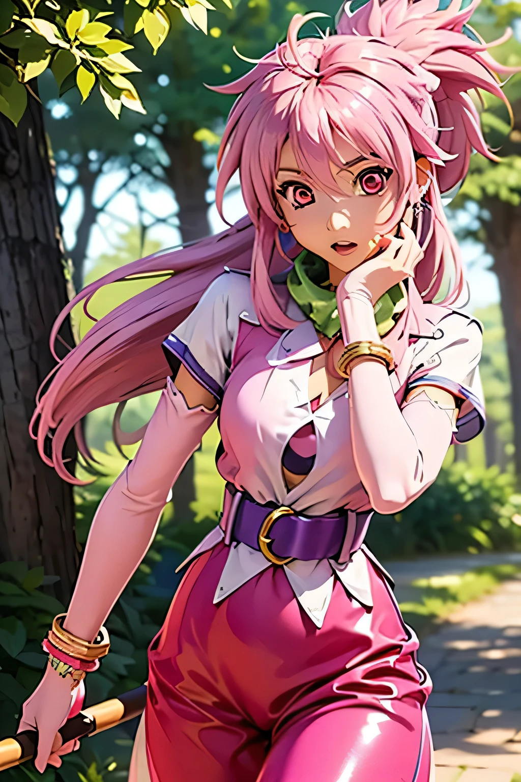  best quality, highest resolution,(((Clothes with metallic luster　pink loose-fitting pants with metallic luster　shiny pink hair　 red eyes)))　 Tales of Phantasia　Arche 　forest