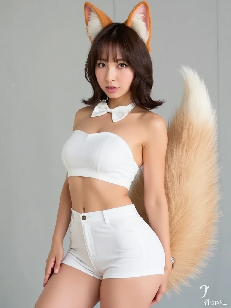 ((highest quality)), ((masterpiece)), (get used to it), perfect face, fox girl, Beautiful woman, public, A tail is growing, she has a fluffy tail, she has a fox tail, she wags her tail, smile, collar and leash, She is wearing a police uniform, beautiful hips,  big tail