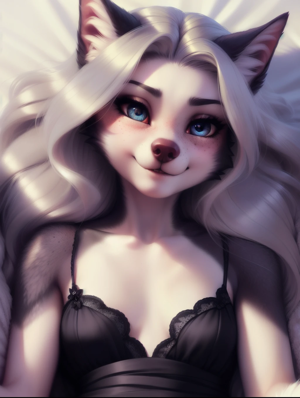 beautiful and detailed upper body portrait , ((mature anthro domistic canine, tight black dress)), anatomically correct, Schlank, Hochgeladen E621, detailed flauschige fur, (von Fluff-Kevlar, Iskra, personalami, Pino Daeni), 1girl, adorable, bedroll , 1girl, realistic, ultra sharp image, view from above, (solo), highly detailed, first person view, masterpiece, (lying on her back), small breasts , short hair, grey messy hair, perfect eyes, absurd resolution, cute snout, eyelashes, (kissy face), (Kissing mouth), detailed facial features, sharp focus, selfie, ((full body 1:2)), fluffy tail, blushing, lewd,