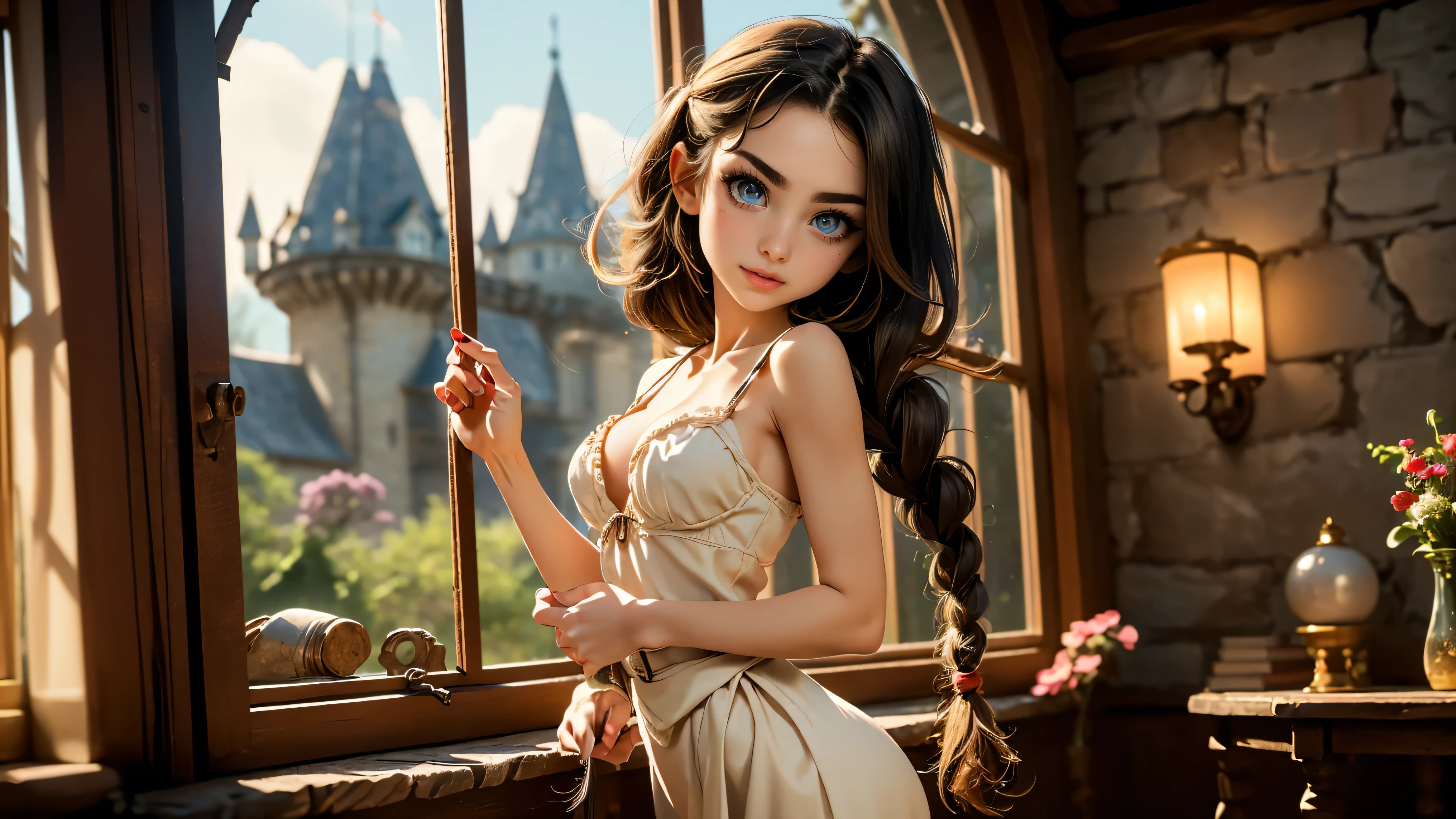 Masterpiece, Hi-detailed, best quality, 8K, (realistic), (Middle ages), ((single girl, solo, only one girl)), (cowboy shot), (close up), standing, ((servant girl)), (slave girl), ((loli)), ((makeup)), ((long eyelashes, mascara, eyeliner)), ((girl standing looking out of the window)), ((welcoming you home, excited for you)), (wanting to embrace you), ((cute, young, yr)), (tall and lanky), (Skinny), (thin frame), (fit, body), (feminine body), (small braids in her hair), (small breasts, round breasts), ((peasant clothes)), ((extremely revealing)), cleavage, beautiful, perfect face, perfect body, large eyes, blue eyes, standing looking at a beautiful vista, Middle Ages, Fantasy,