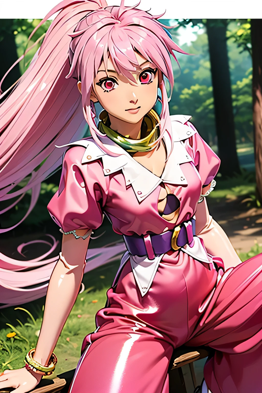  best quality, highest resolution,(((Clothes with metallic luster　pink loose-fitting pants with metallic luster　shiny pink hair　 red eyes)))　 Tales of Phantasia　Arche 　forest