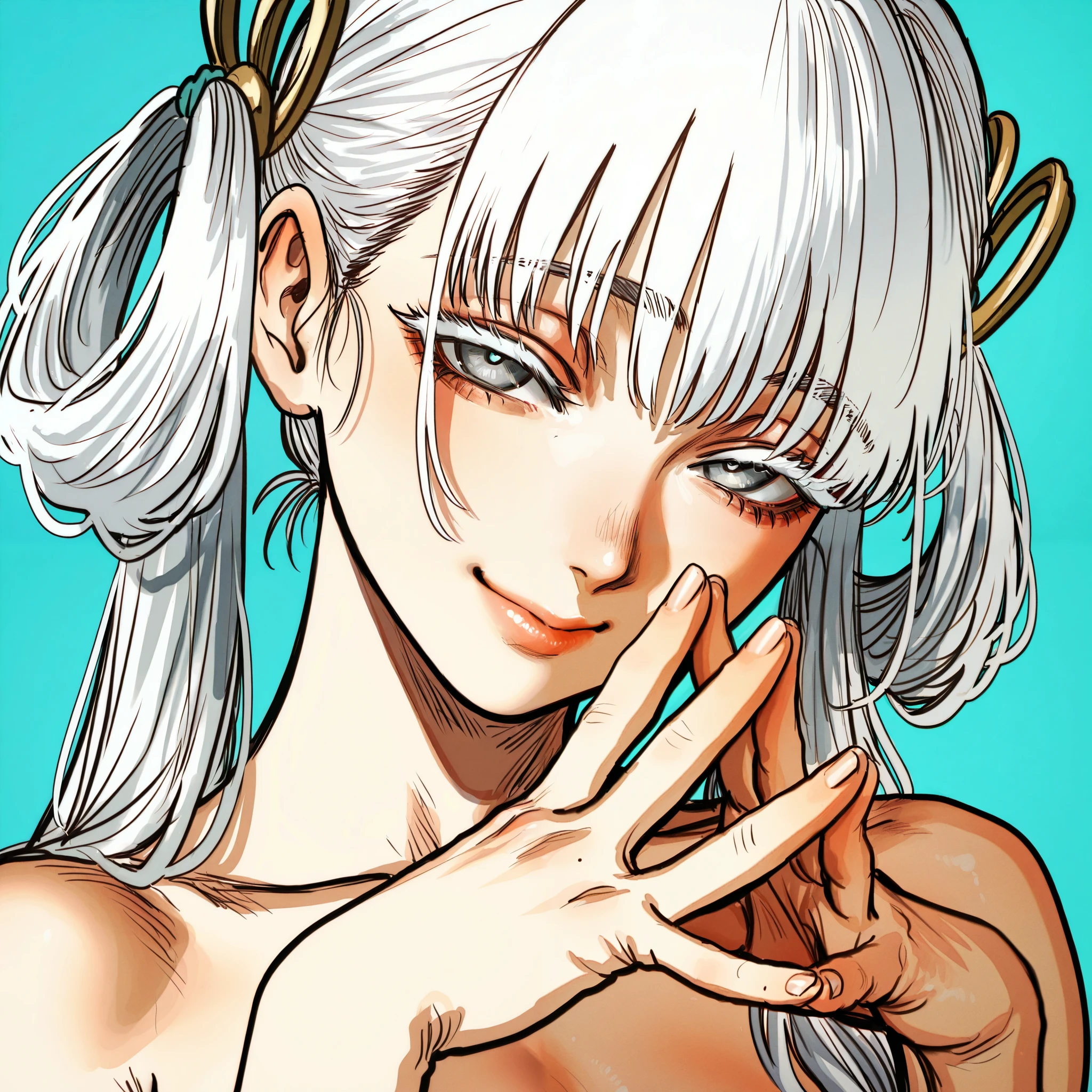 by Hoshi San 3, by Kotteri, by umikochannart, sketch, 1girl, silver hair, hair rings, twintails, long hair, colored eyelashes, grey eyes, white lizard scales, steepled fingers, fisheye, nudity, sfw, smile, half-closed eyes, head tilt, looking at viewer, teal background, simple background, masterpiece, best quality, amazing quality, very aesthetic, high resolution