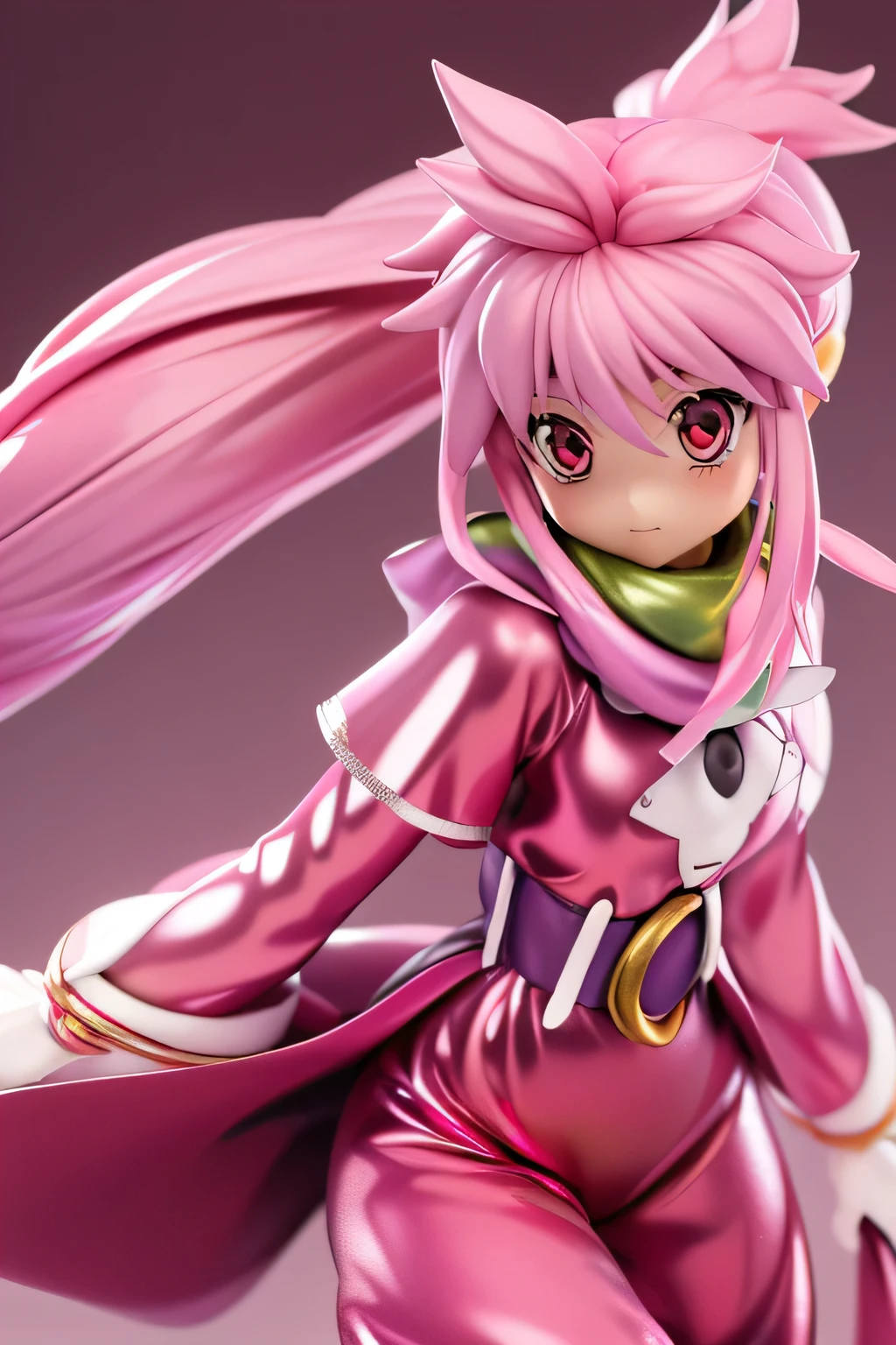  best quality, highest resolution,(((Clothes with metallic luster　pink loose-fitting pants with metallic luster　shiny pink hair　 red eyes)))　 Tales of Phantasia　Arche 　forest