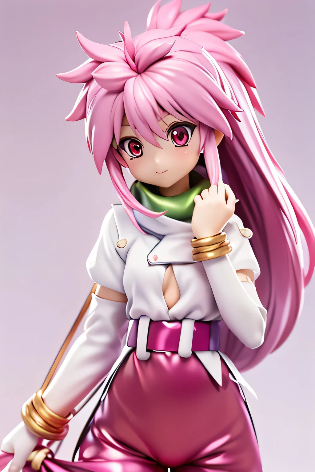 best quality, highest resolution,(((white clothes with metallic luster pink loose-fitting pants with metallic luster shiny pink hair red eyes))) Tales of Phantasia Arche forest