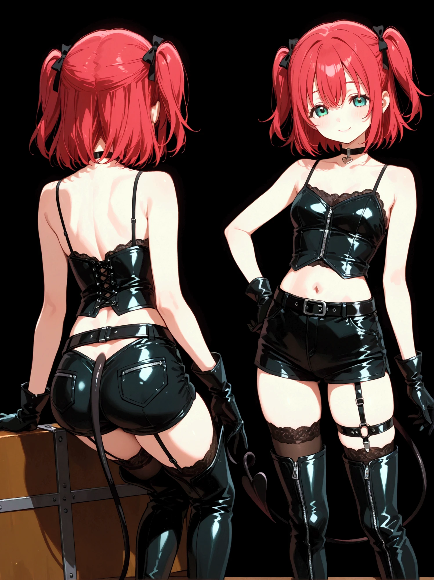 ((Highest quality)), ((masterpiece)), (detailed), prison, One person, akanechan, femdom, dominatrix, ((bare shoulders)), ((black bustier)), ((black stockings)), ((black g-string)), ((black high heels)), ((black garter belt)), ((black elbow gloves)), ((female standing)), ((evil grin)), (((((from below:1.3))))), ((looking at viewer)), ((((looking down:1.4)))), stare at viewer with stern eyes,