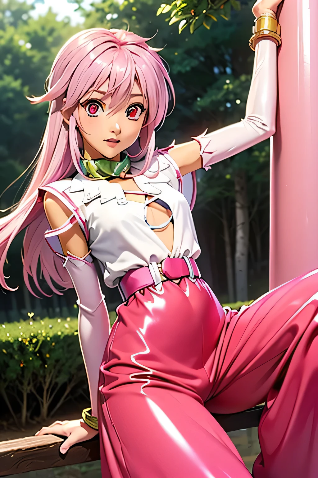 best quality, highest resolution,(((white clothes with metallic luster pink loose-fitting pants with metallic luster shiny pink hair red eyes girl))) Tales of Phantasia Arche forest