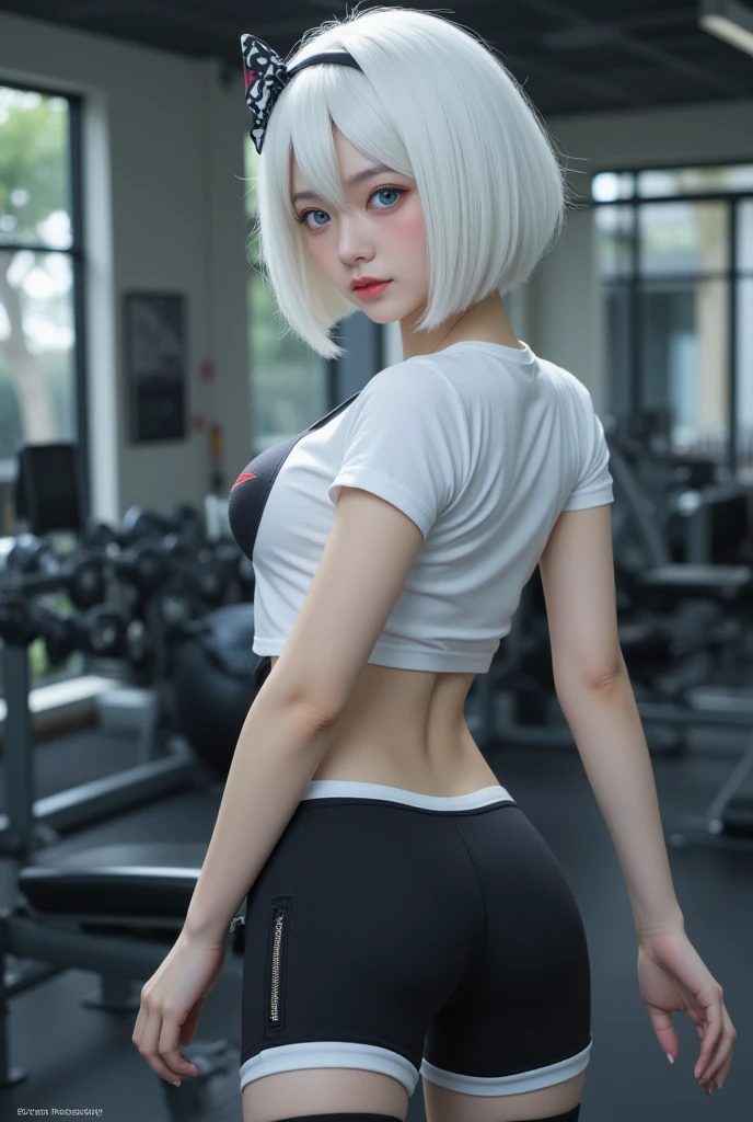 (masterpiece), (best quality), (1girl), solo, sexy, perfect body, earobic, white hair, bobcut hair, at the gym, apple butt