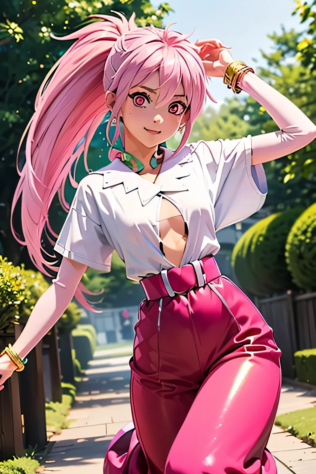 best quality, highest resolution,(((white clothes with metallic luster pink loose-fitting pants with metallic luster shiny pink hair ponytail red eyes girl))) Tales of Phantasia Arche forest