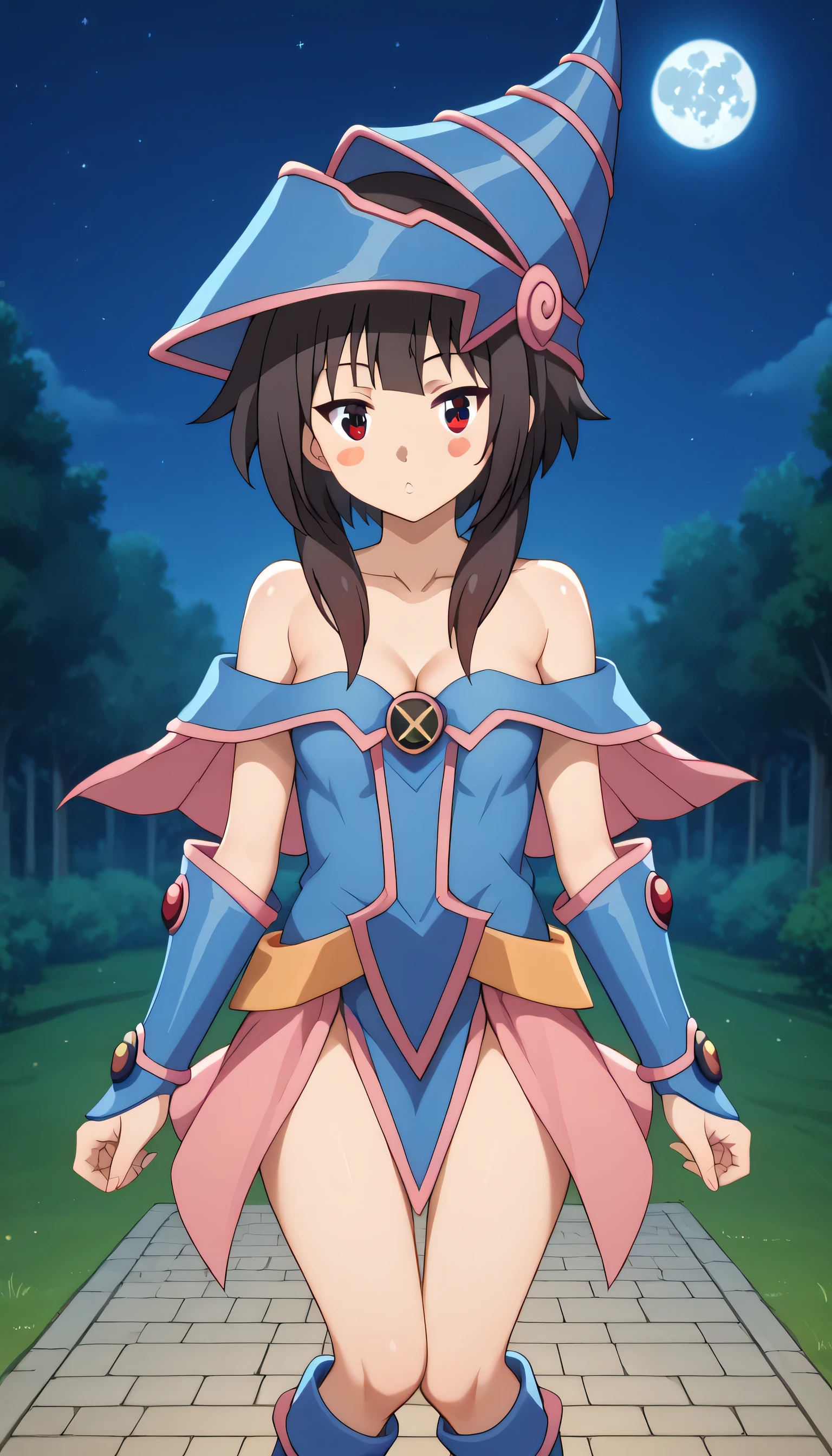 1girls,score_9, score_8_up, score_7_up, source_animedark magician girl cosplay, dark magician girl (cosplay), bare shoulders, blue footwear, blush, blush stickers, cleavage, collarbone, duel monster, hat, off shoulder, pentacle, wizard hat,, outdoors, moon, night, ,, blush, cowboy shot, looking at viewer, medium breast, megumin, short hair, black hair, red eyes, short hair with long locks,