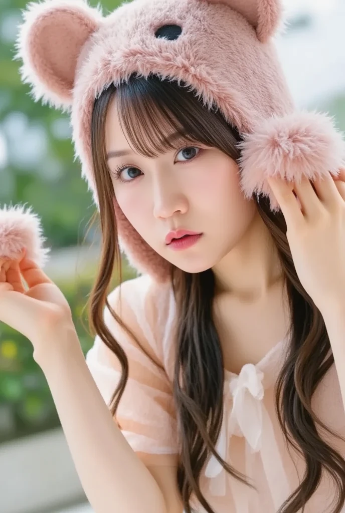 (Highly detailed CG Unity 8k wallpaper, top quality, ultra-detailed, high resolution, masterpiece, realistic, photorealistic:1.5), (cute Japanese girl), extremely detailed face, face focus, beautiful detailed eyes, eye focus, (detailed background), detailed clothes, super detailed skin, (wearing adorable black lingerie:1.5), (wearing puffy and fluffy pink coat:1.5), (beautiful city background:1.5), midi wavy hair, brown hair, floating hair, medium breast, medium ass, (make up), (adorable smile:1.3), (POV:1.6),
