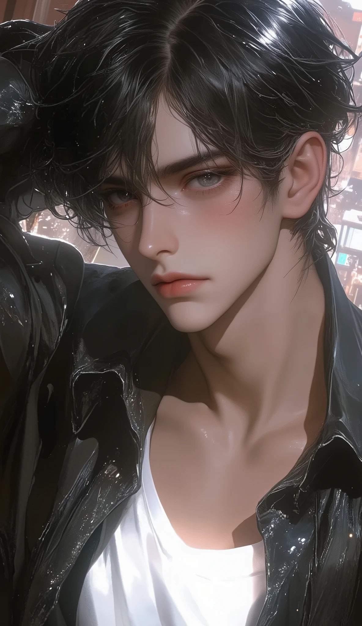 a man, young, brown skin, black eyes, black hair (disheveled hair), bare neck, round neck white t-shirt , casual, looking at the spectator, serious look, boring expression, Illuminated background, Summer heat, schoolboy, dominant boy , alpha male, Tough boy, 20 years, High school boy