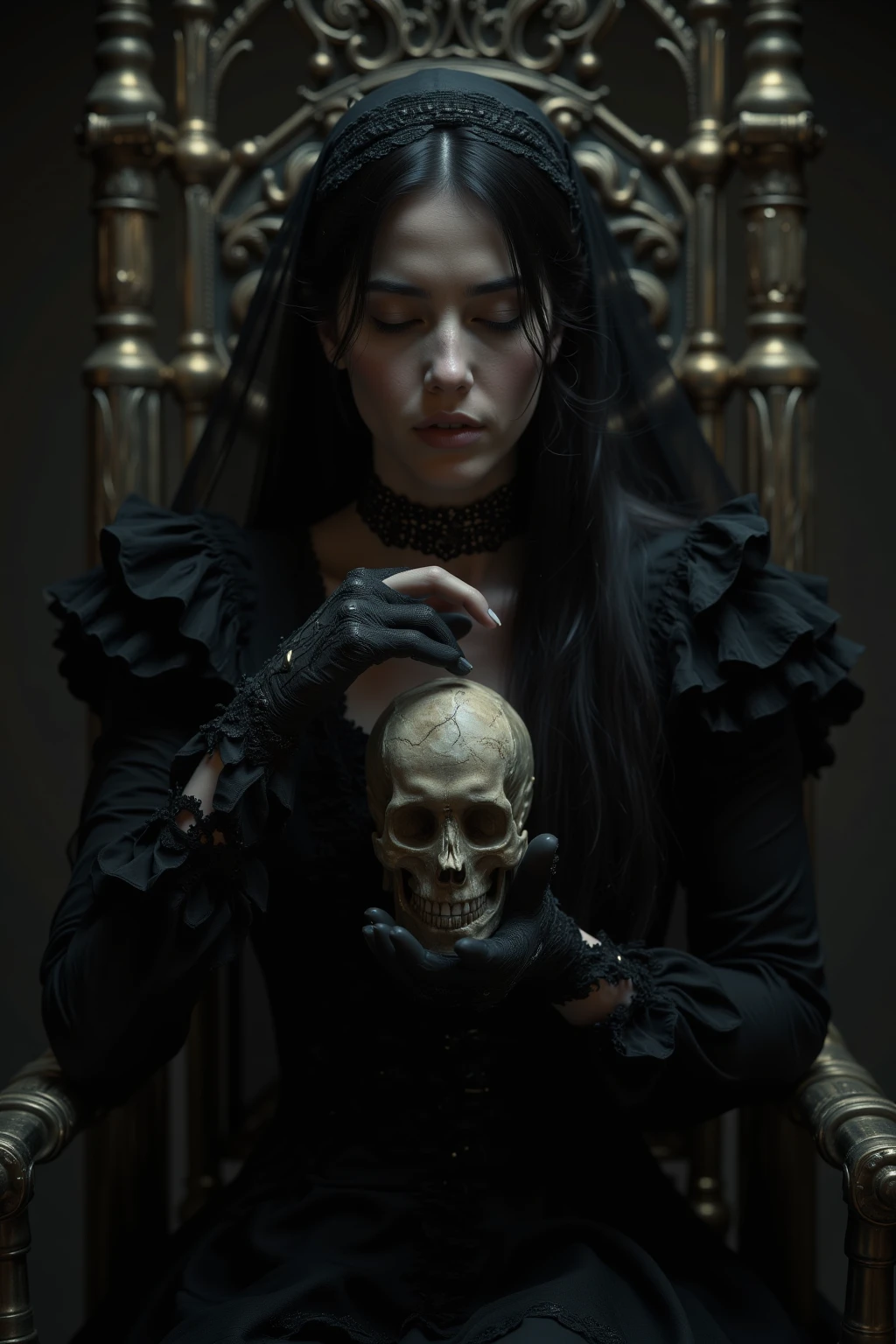 A realistic image of a sinister and mysterious Gothic room, sitting on a throne a ghostly and skeletal mummy of a nun, leaning against the wall an open coffin